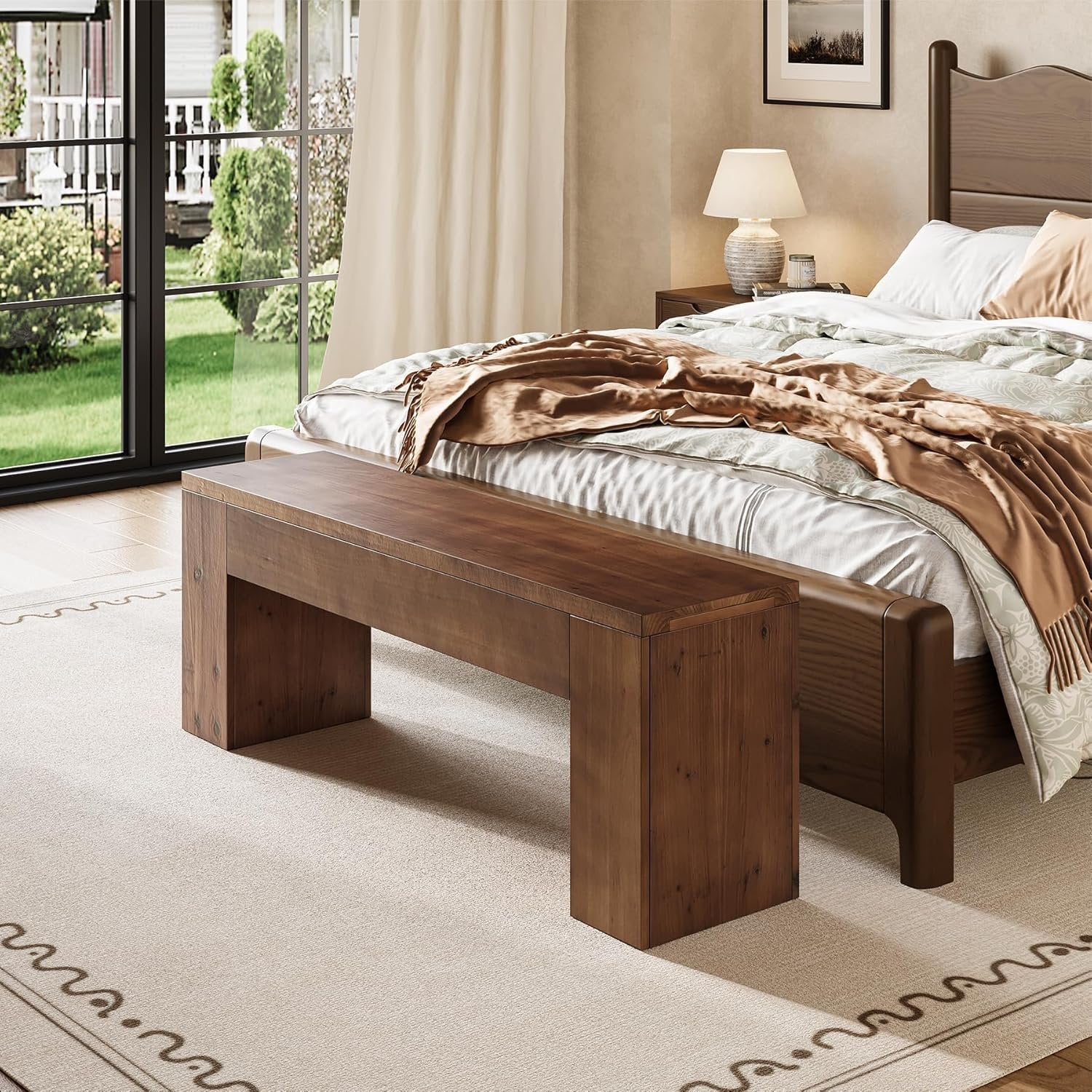 47" Entryway Bench, Solid Wood Farmhouse End of Bed Bench for Foyer