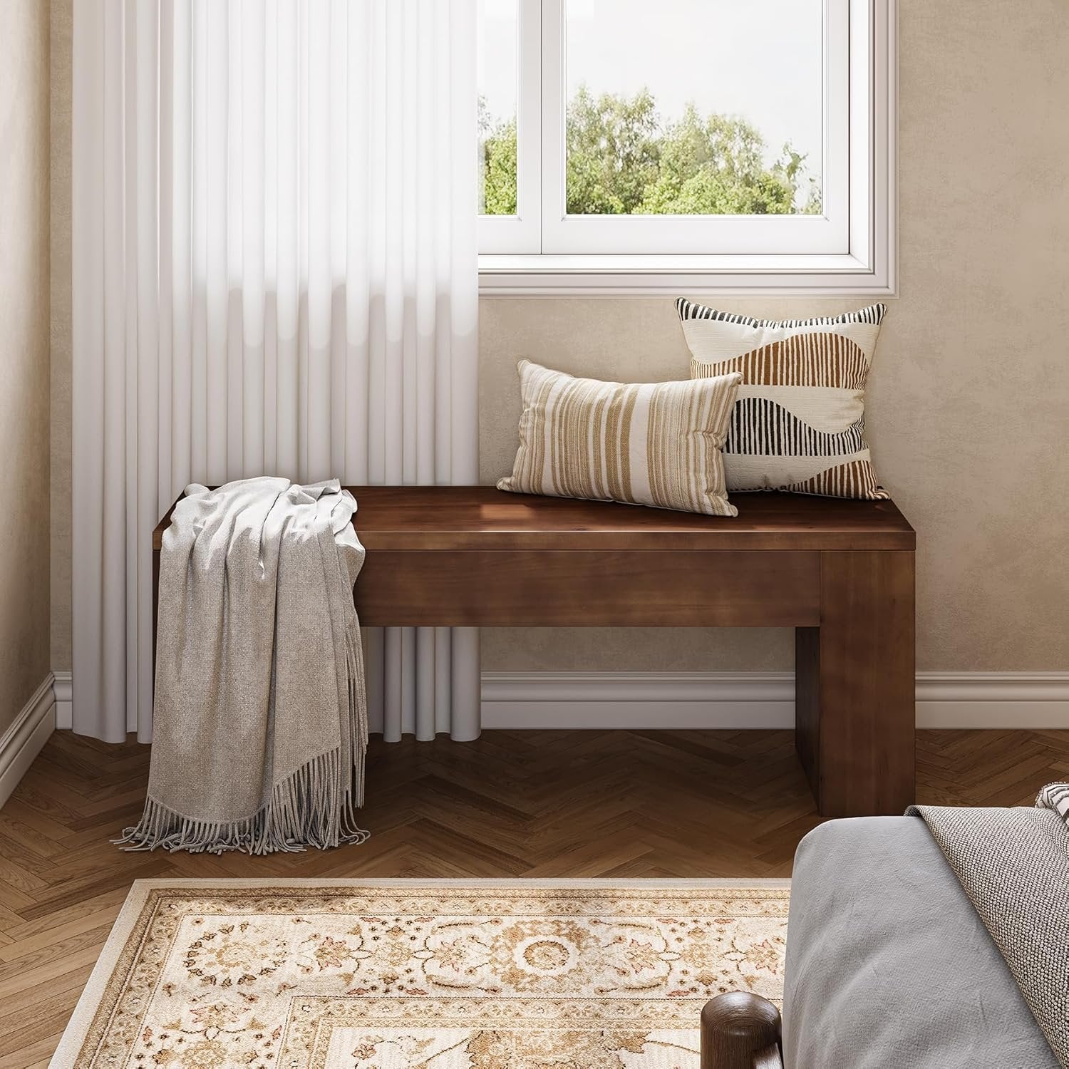 47" Entryway Bench, Solid Wood Farmhouse End of Bed Bench for Foyer