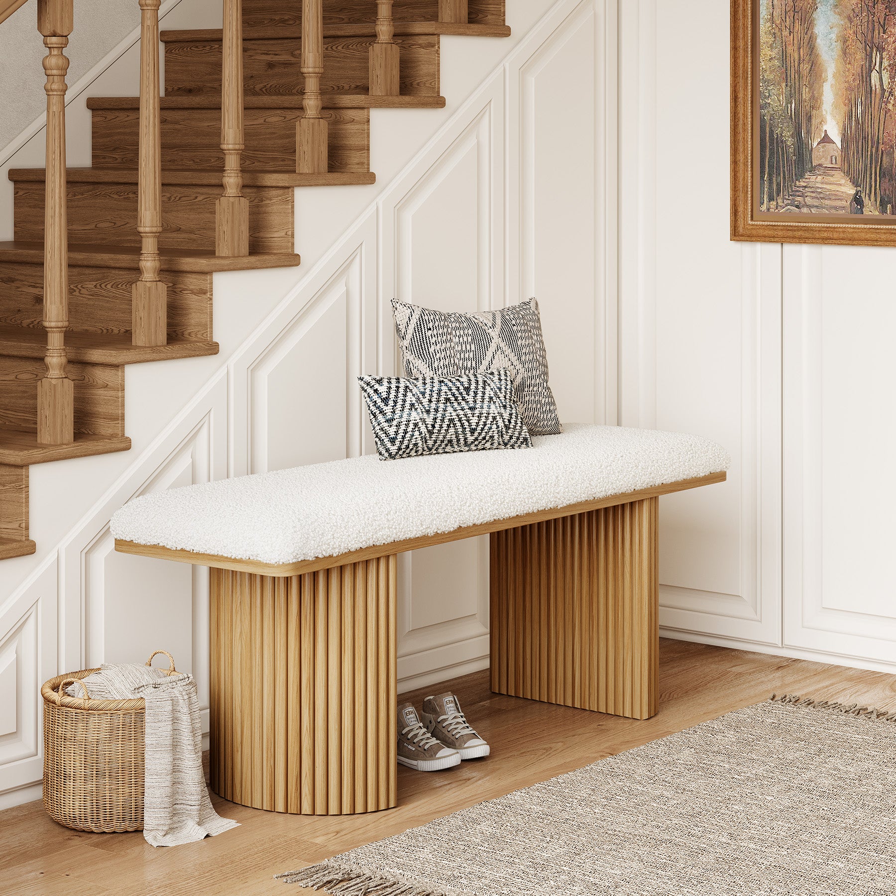 47" Entryway Bench, Wood Upholstered Shoe Bench End of Bed Bench