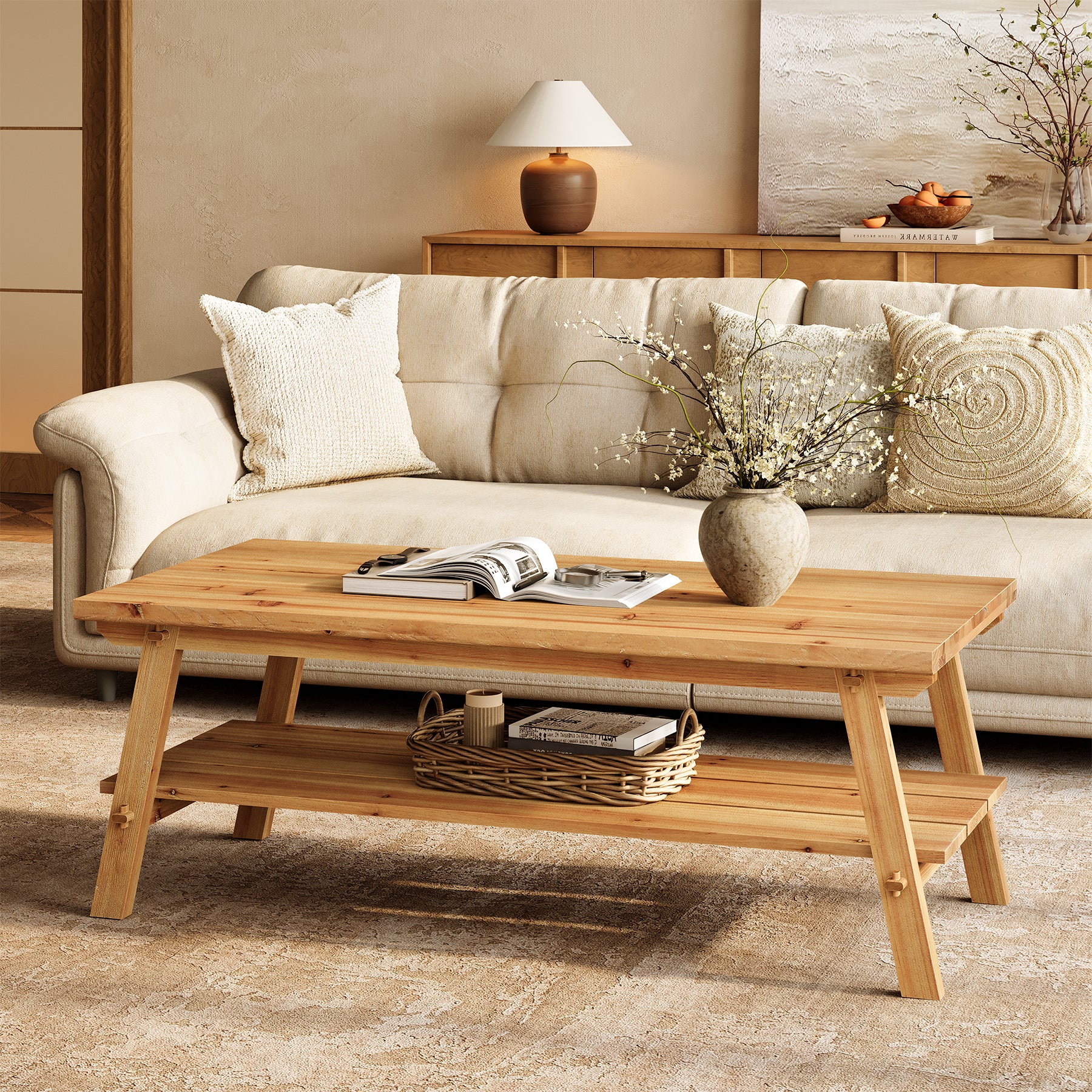 47" Farmhouse Coffee Table, 2-Tier Wood Center Table Tea Table for Living Room