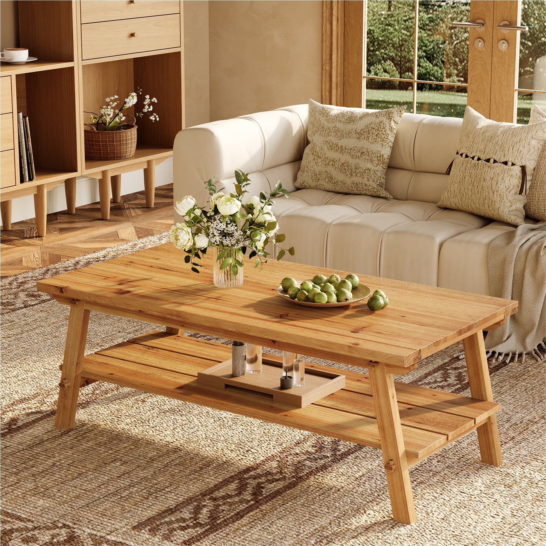 47" Farmhouse Coffee Table, 2-Tier Wood Center Table Tea Table for Living Room