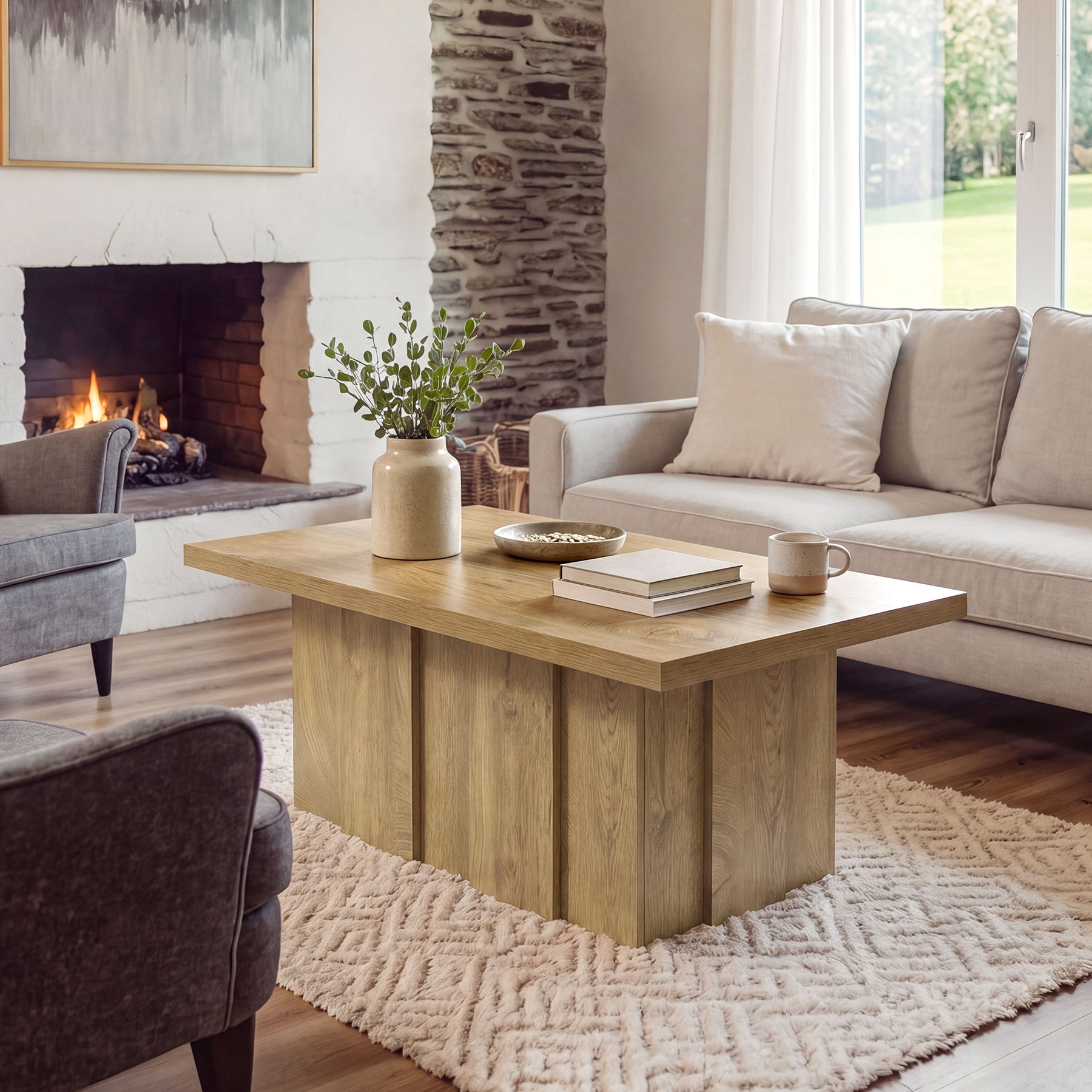 47" Farmhouse Coffee Table,  Rectangular Coffee Table with Fluted Base for Living Room