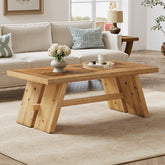 47" Farmhouse Coffee Table, Wood Rectangle Center Table with Geometric Grain Pattern 3