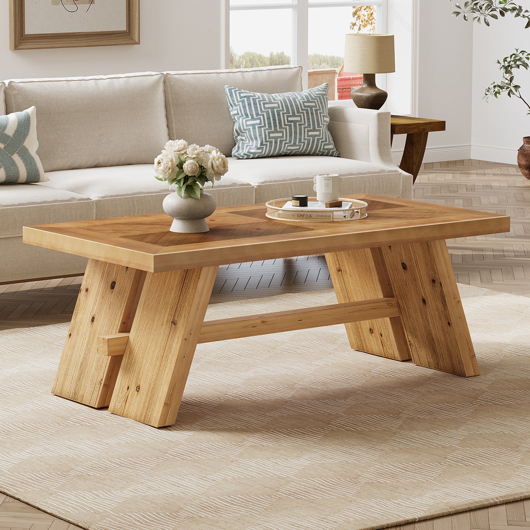 47" Farmhouse Coffee Table, Wood Rectangle Center Table with Geometric Grain Pattern