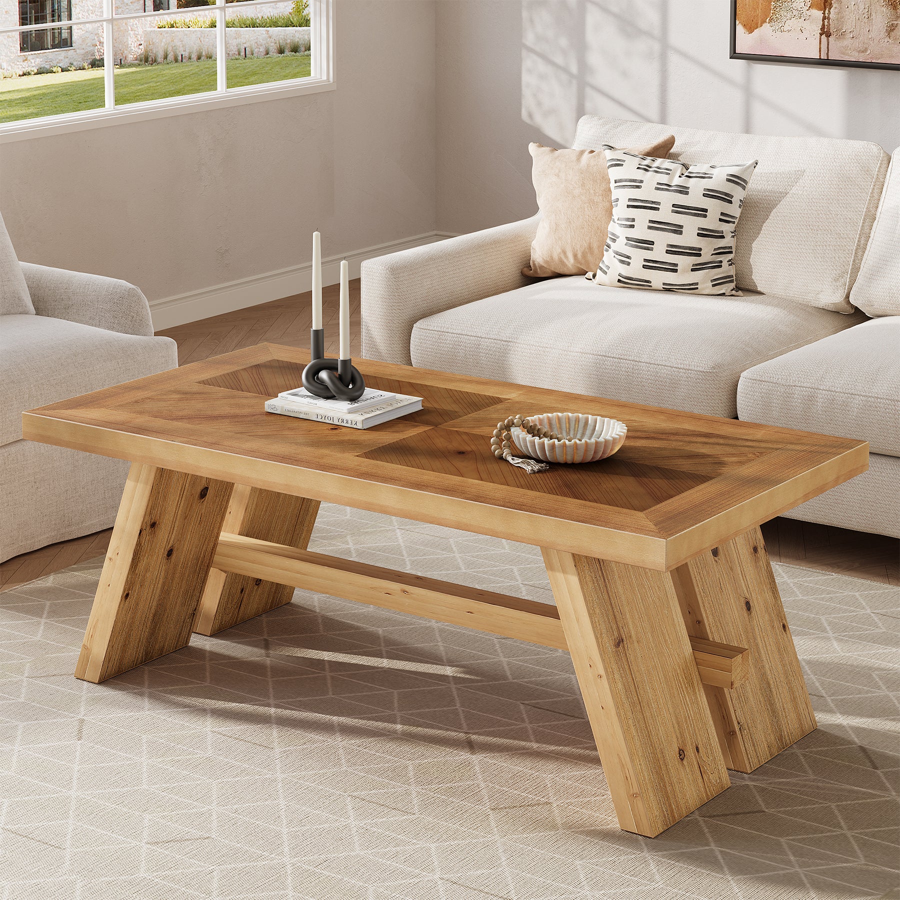 47" Farmhouse Coffee Table, Wood Rectangle Center Table with Geometric Grain Pattern
