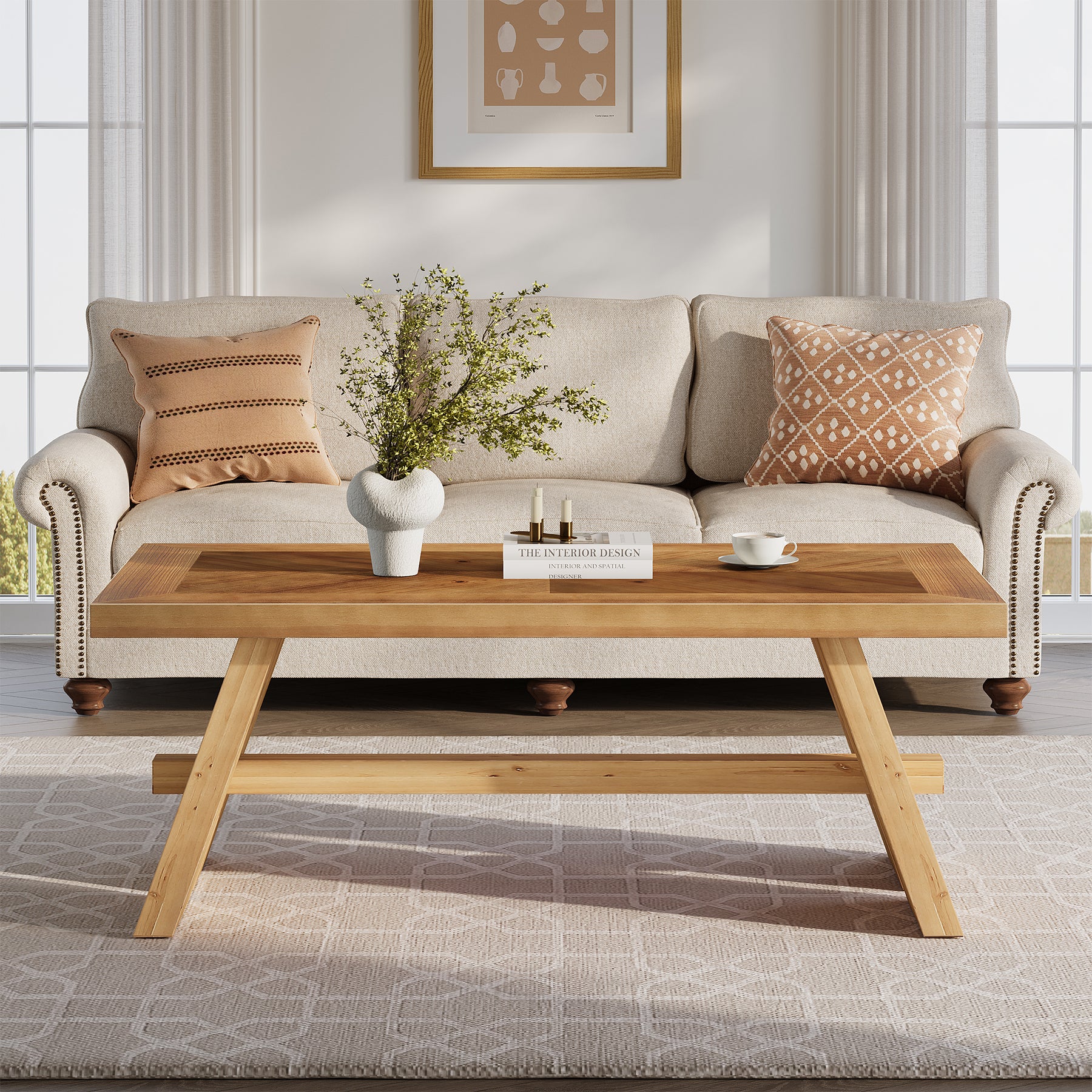 47" Farmhouse Coffee Table, Wood Rectangle Center Table with Geometric Grain Pattern