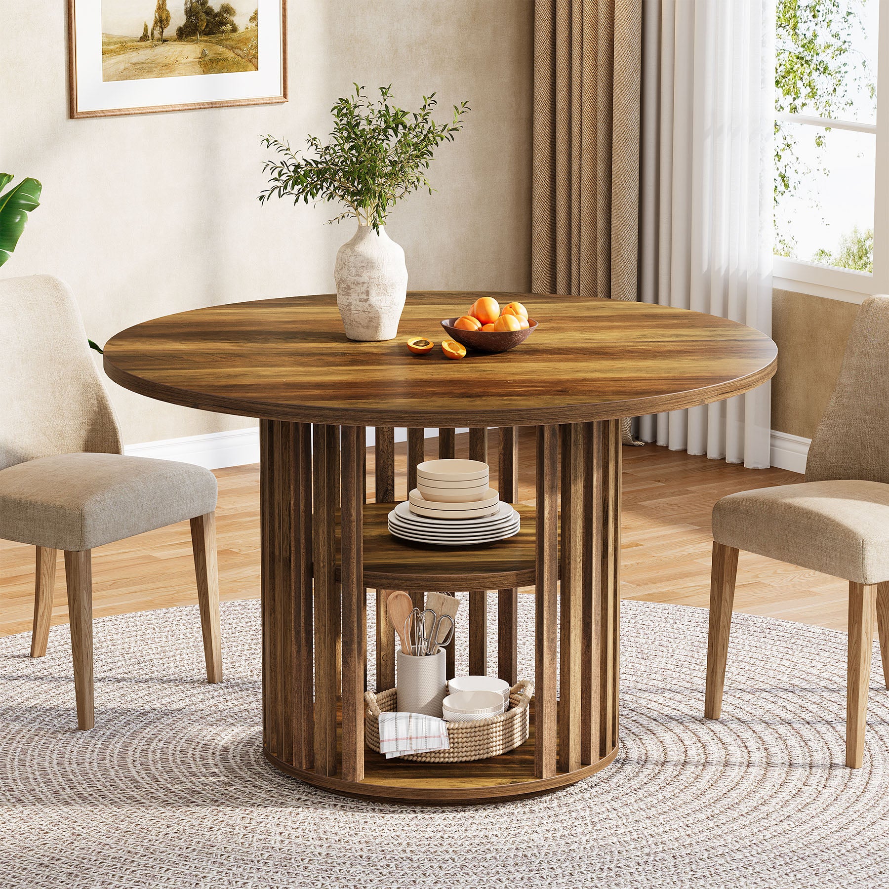 47" Farmhouse Dining Table, Round Kitchen Table with 2-Tier Storage Shelf