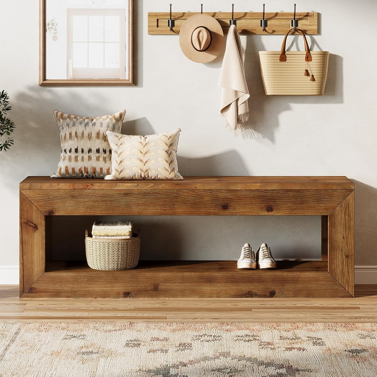 47" Farmhouse Entryway Bench, 47" Solid Wood Indoor Bench Seat with Storage