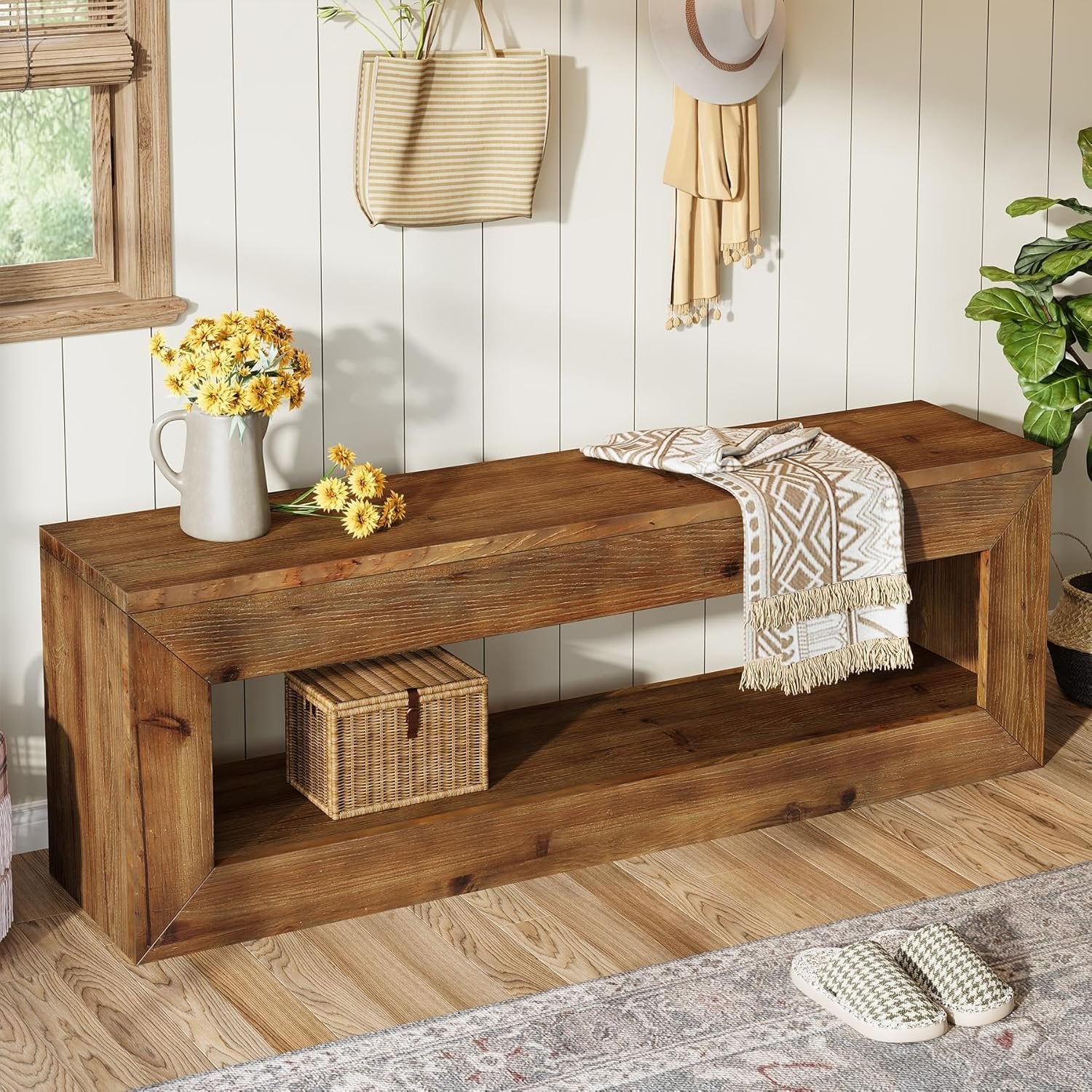 47" Farmhouse Entryway Bench, 47" Solid Wood Indoor Bench Seat with Storage