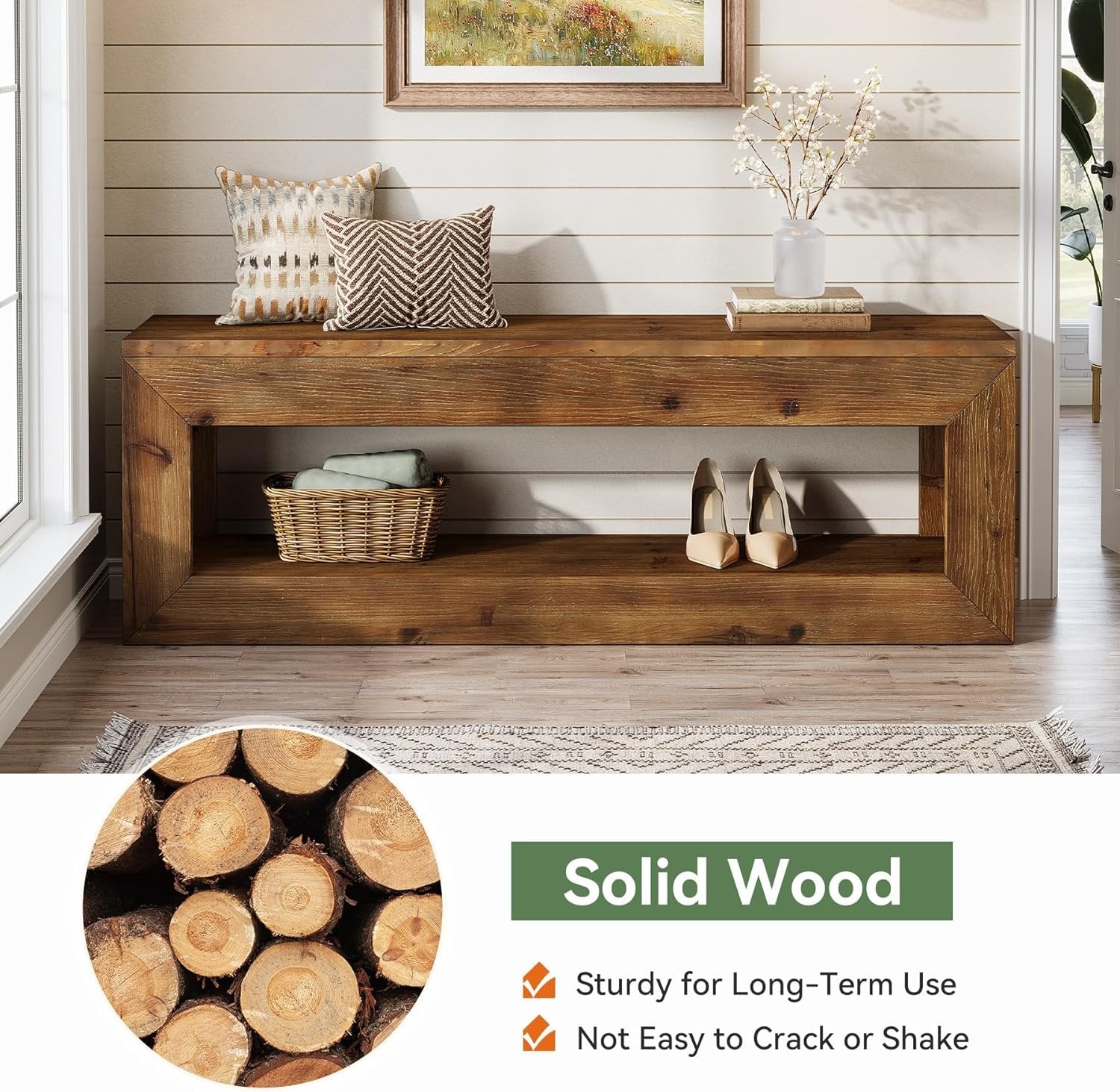 47" Farmhouse Entryway Bench, 47" Solid Wood Indoor Bench Seat with Storage