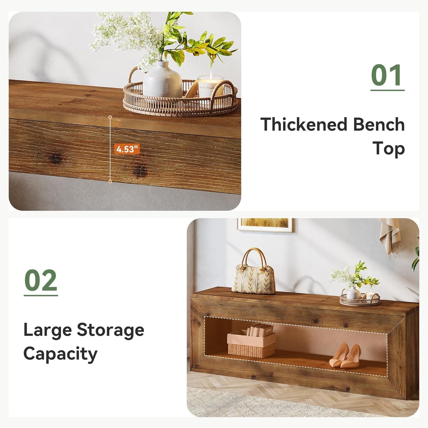 47" Farmhouse Entryway Bench, 47" Solid Wood Indoor Bench Seat with Storage