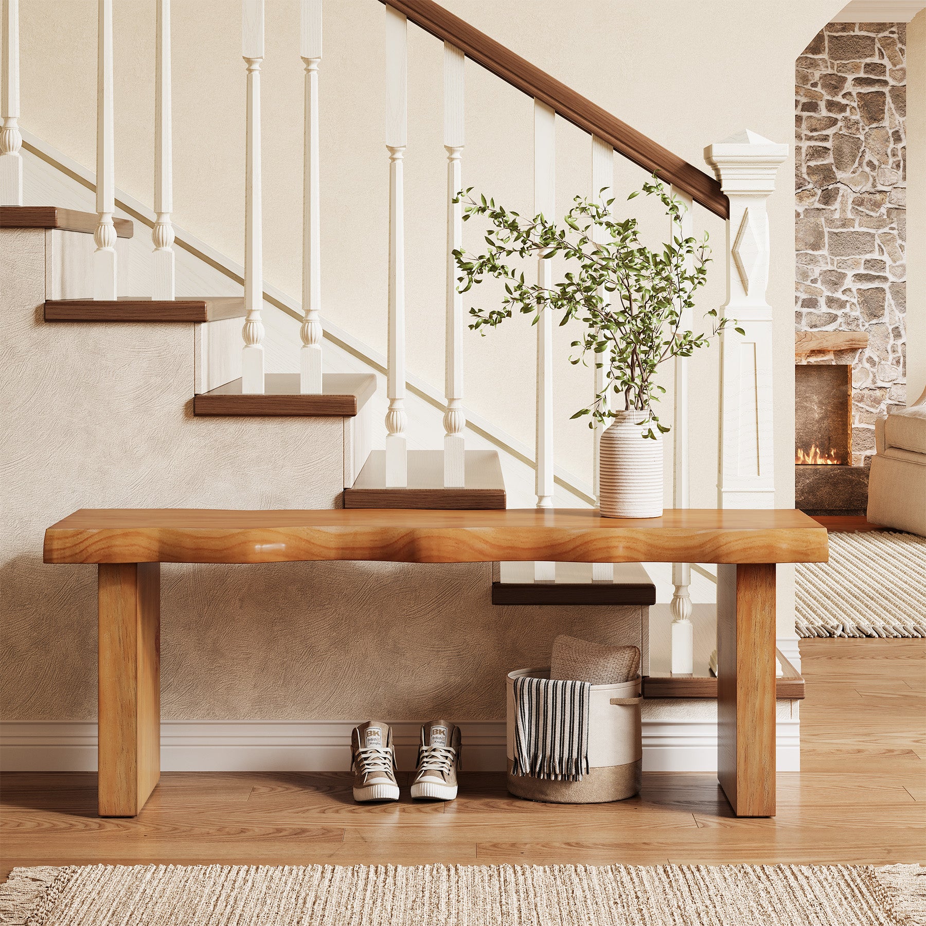 47" Farmhouse Entryway Bench, Solid Wood Dining Bench Shoe Bench