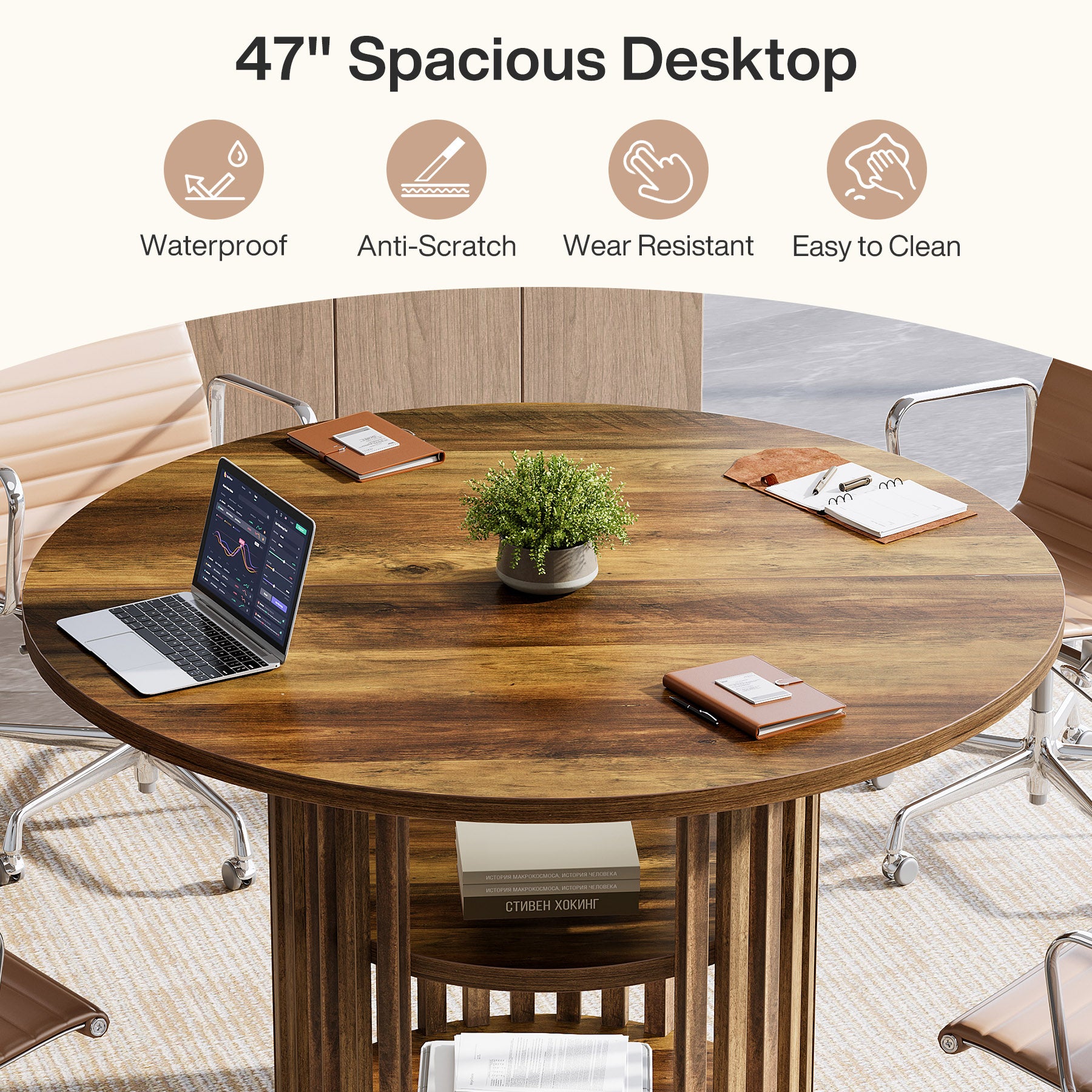 47" Round Conference Table, Wooden Small Meeting Room Table for 4