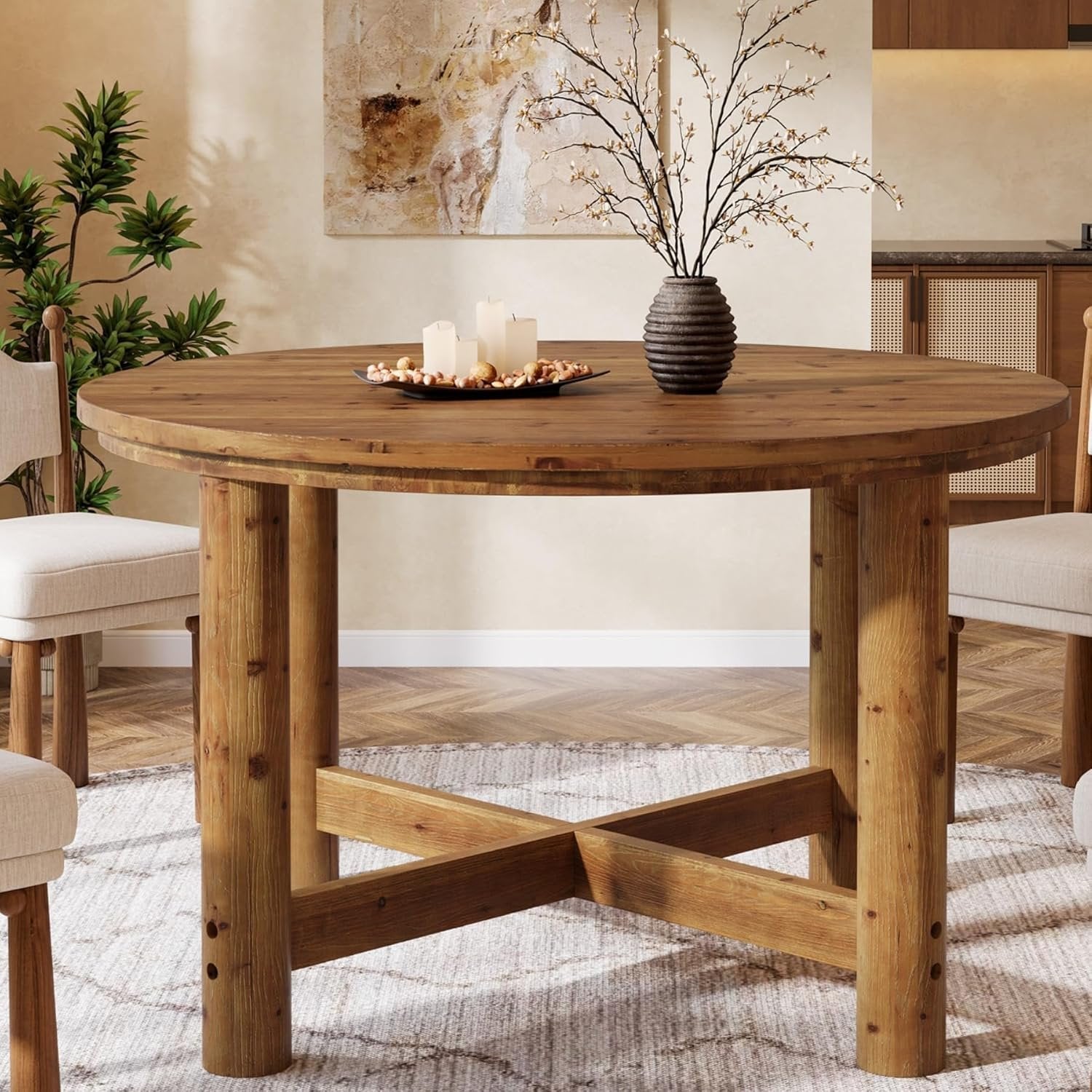 47" Round Dining Table, Solid Wood Kitchen Table with Heavy Duty Legs for 4-6