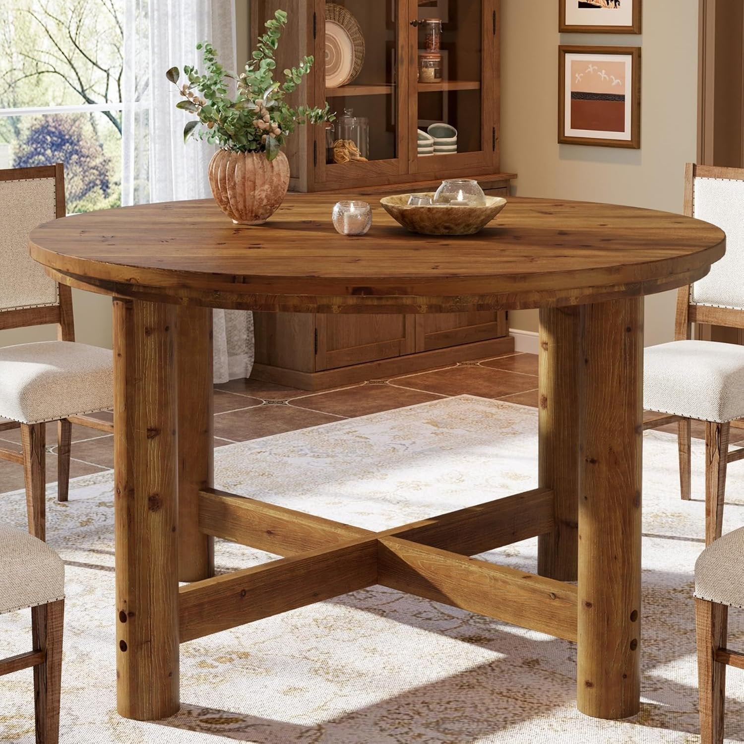 47" Round Dining Table, Solid Wood Kitchen Table with Heavy Duty Legs for 4-6