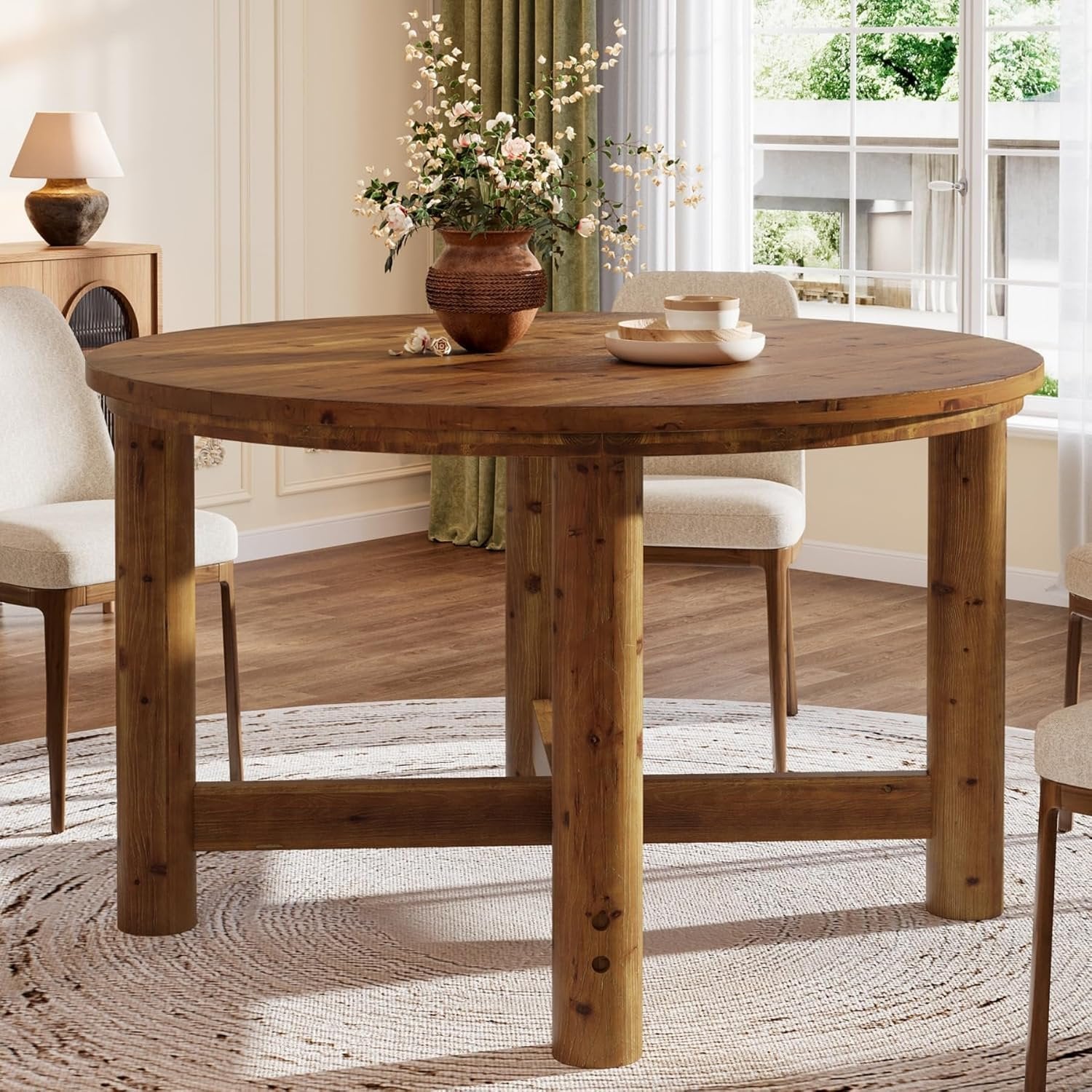 47" Round Dining Table, Solid Wood Kitchen Table with Heavy Duty Legs for 4-6