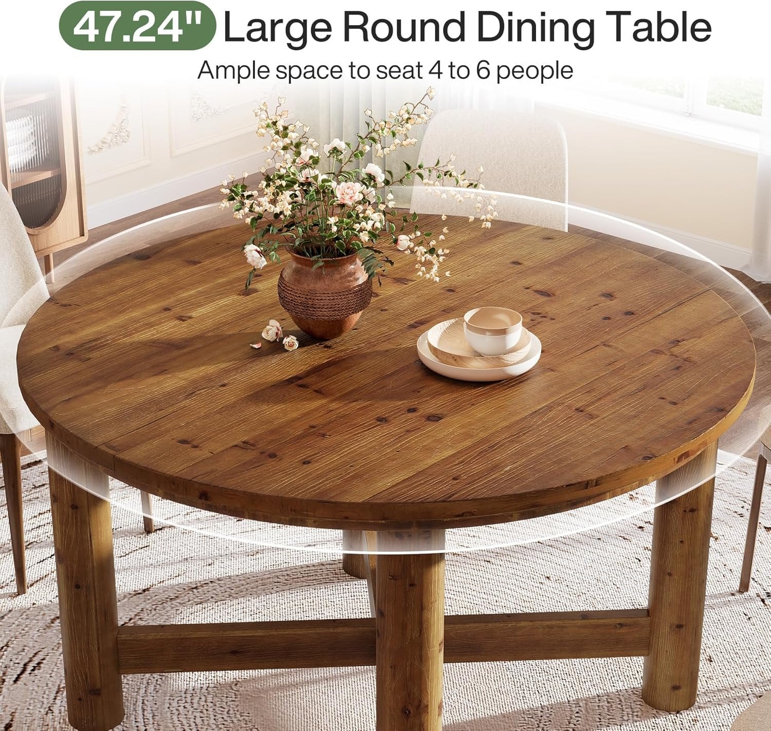 47" Round Dining Table, Solid Wood Kitchen Table with Heavy Duty Legs for 4-6