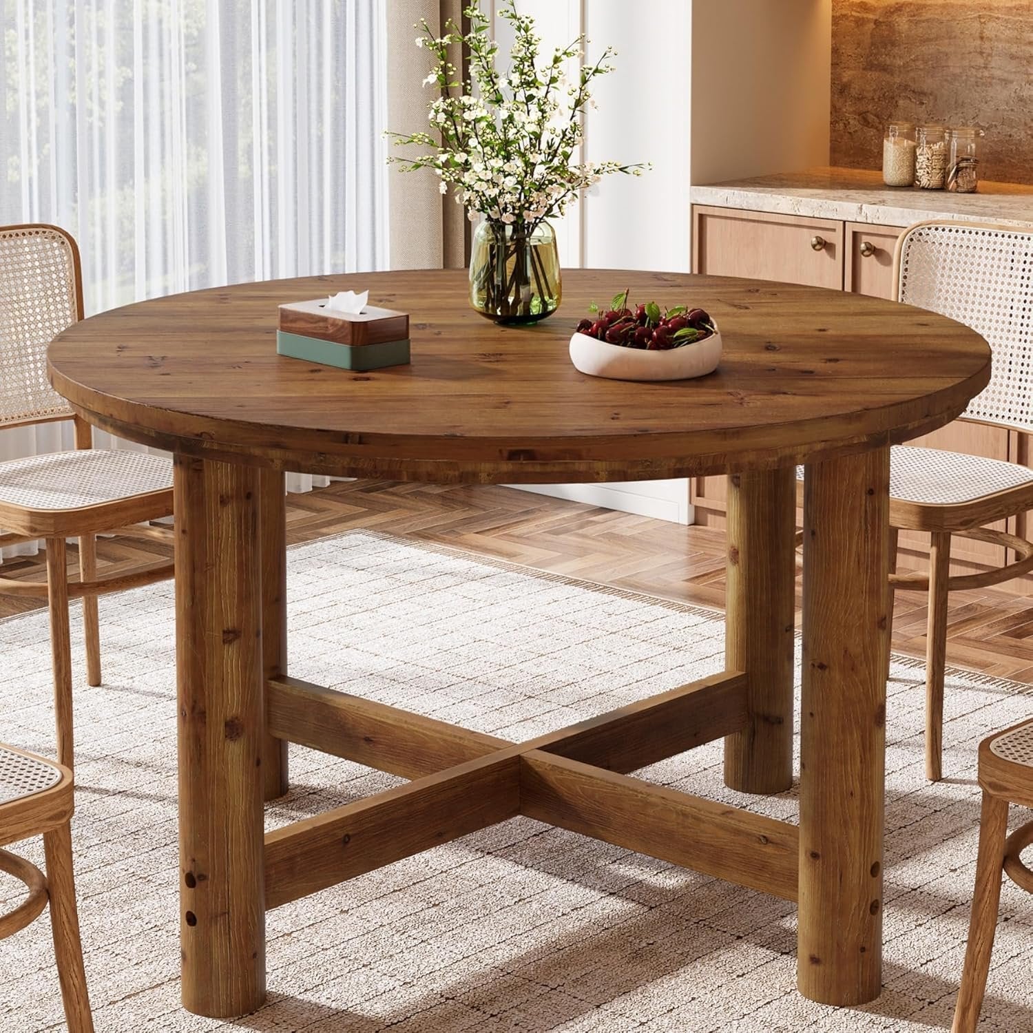 47" Round Dining Table, Solid Wood Kitchen Table with Heavy Duty Legs for 4-6