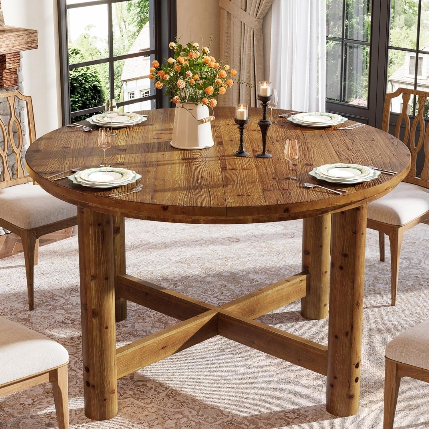 47" Round Dining Table, Solid Wood Kitchen Table with Heavy Duty Legs for 4-6