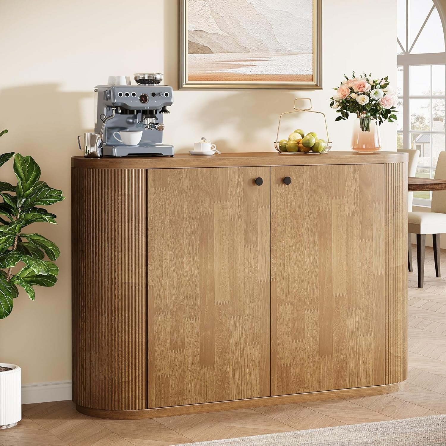 47" Sideboard Buffet, Farmhouse Fluted Cabinet Coffee Bar with 2 Shelves