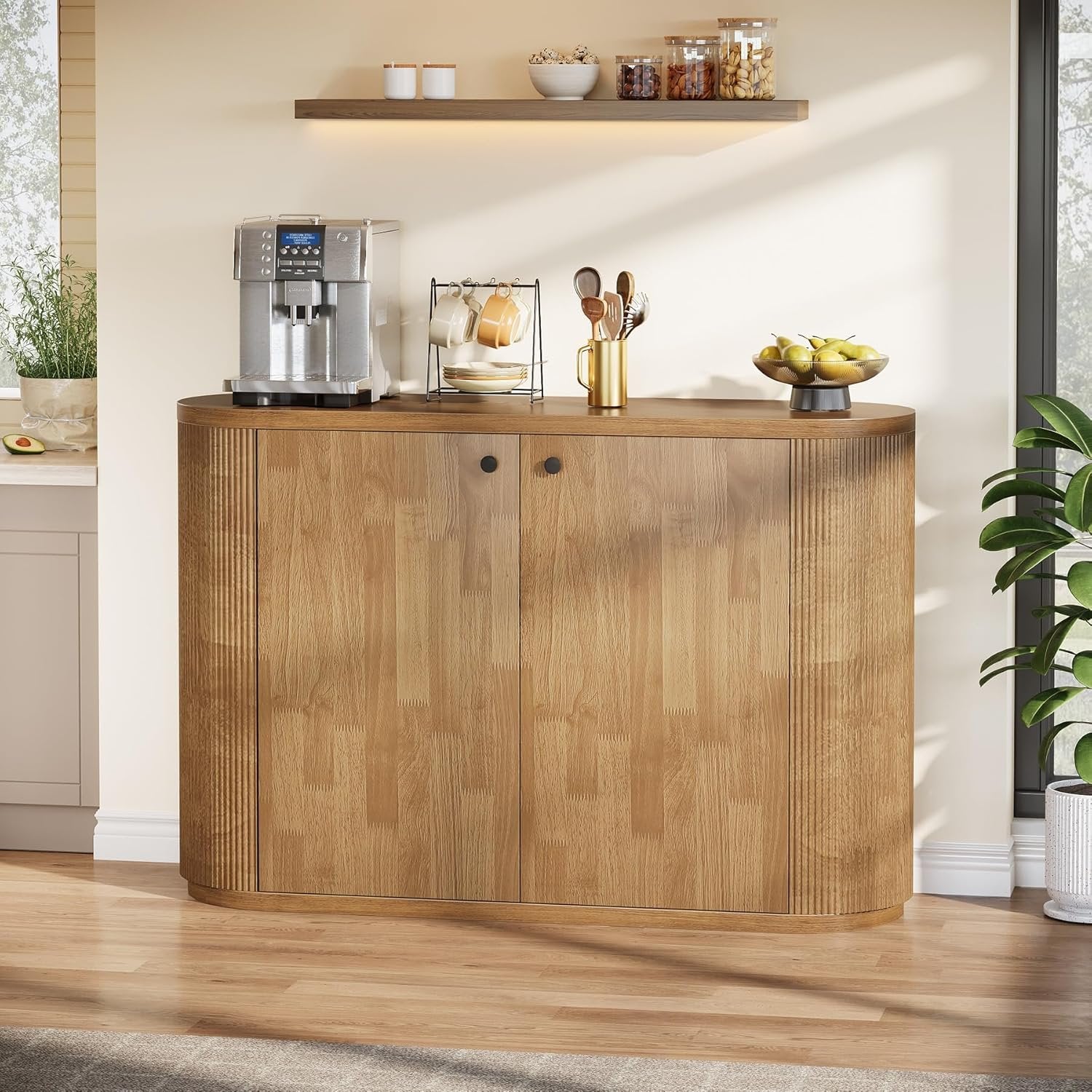 47" Sideboard Buffet, Farmhouse Fluted Cabinet Coffee Bar with 2 Shelves