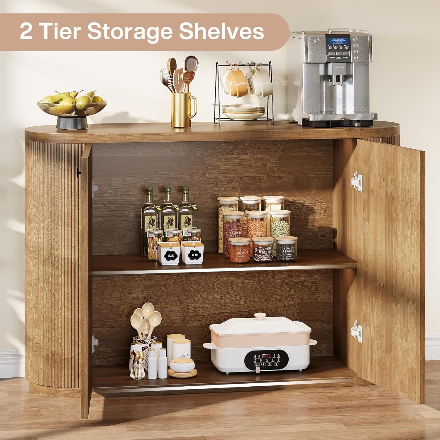 47" Sideboard Buffet, Farmhouse Fluted Cabinet Coffee Bar with 2 Shelves