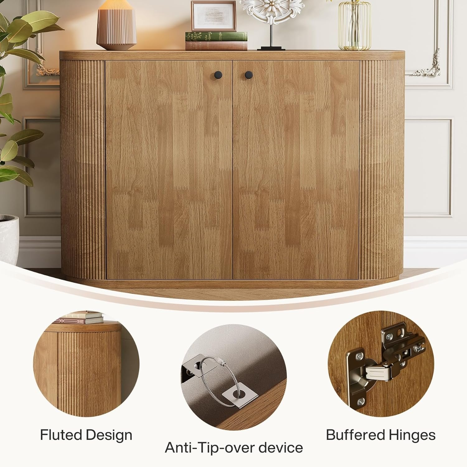 47" Sideboard Buffet, Farmhouse Fluted Cabinet Coffee Bar with 2 Shelves