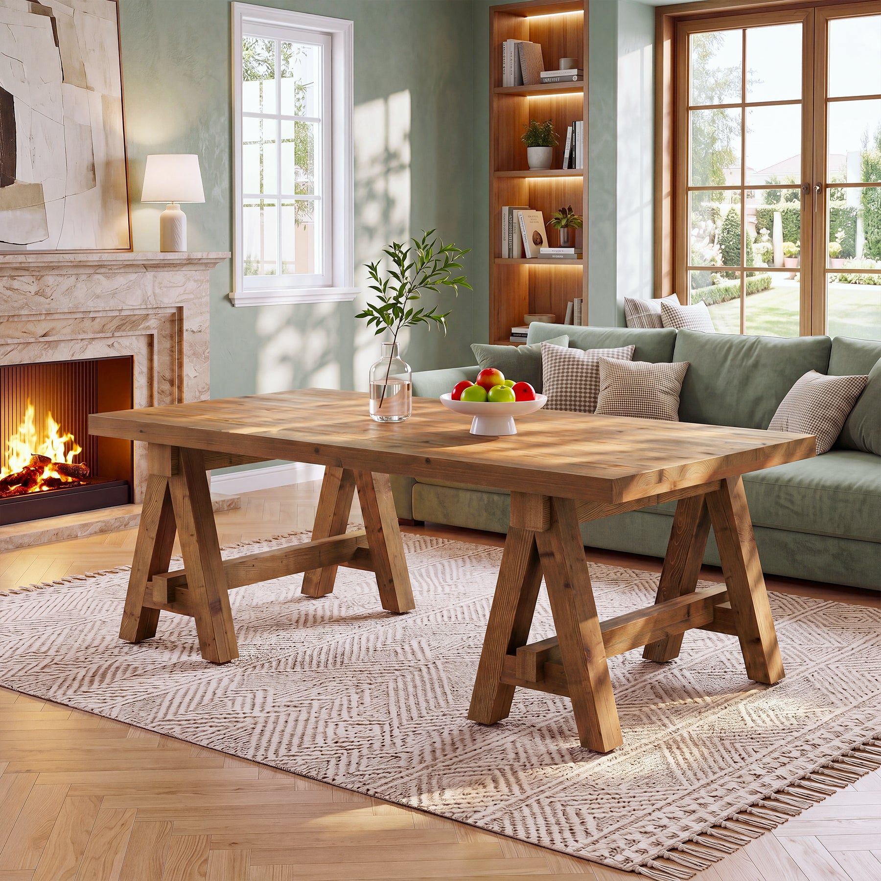 47" Solid Wood Coffee Table, Rectangular Center Table Tea Accent Furniture with Trestle Base