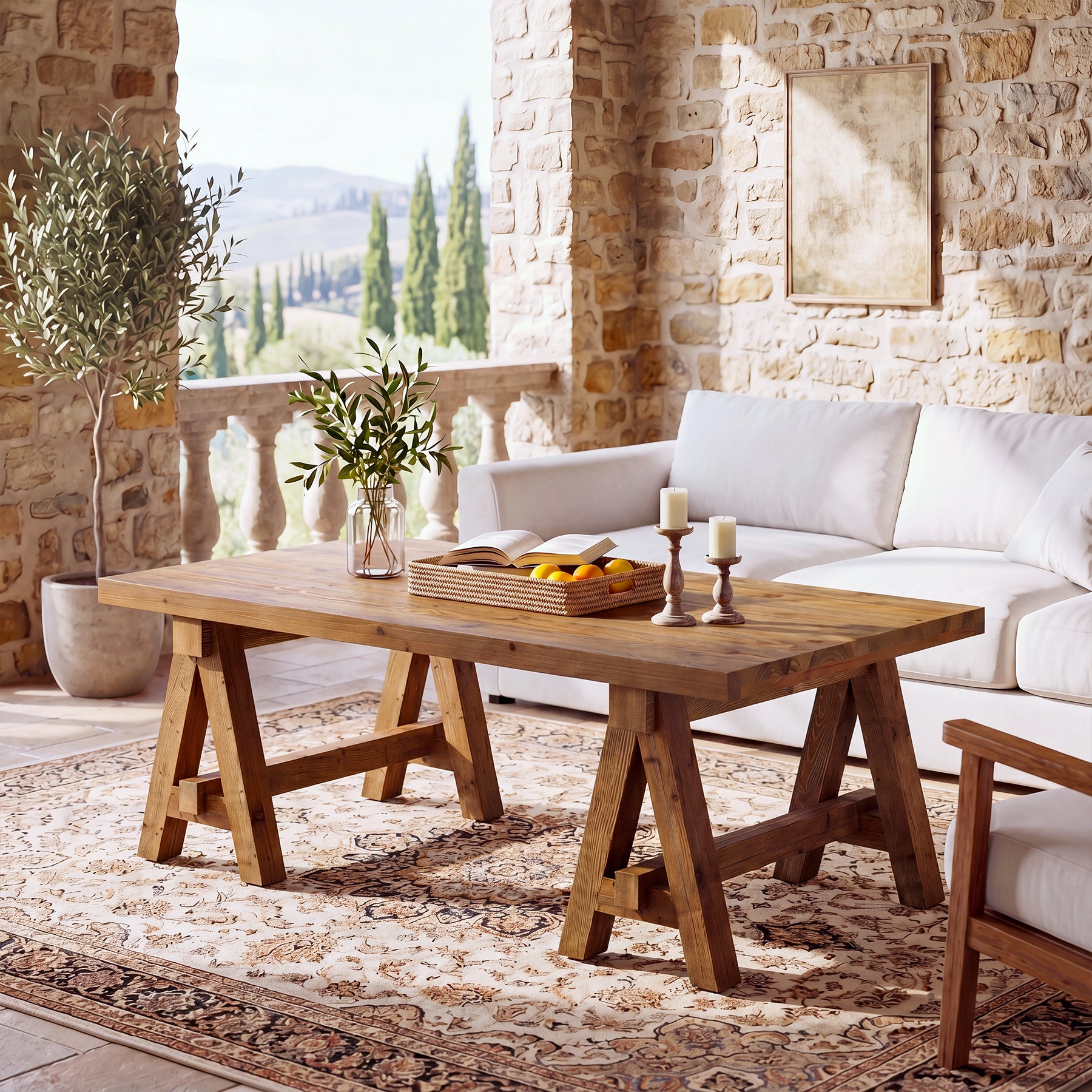 47" Solid Wood Coffee Table, Rectangular Center Table Tea Accent Furniture with Trestle Base