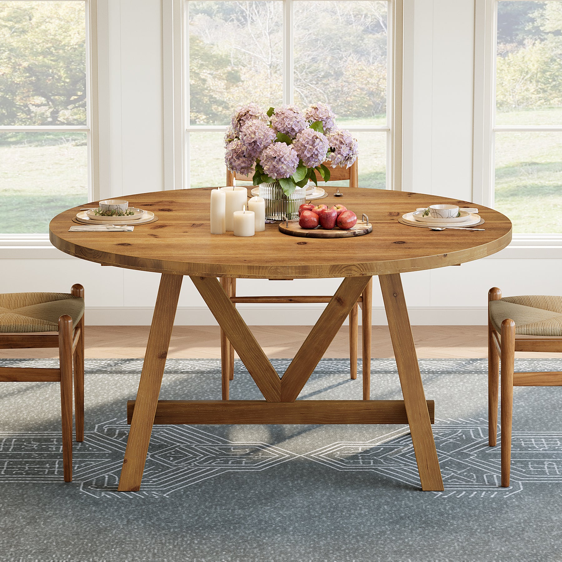 47" Solid Wood Dining Table, Farmhouse Round Kitchen Table for 4-6