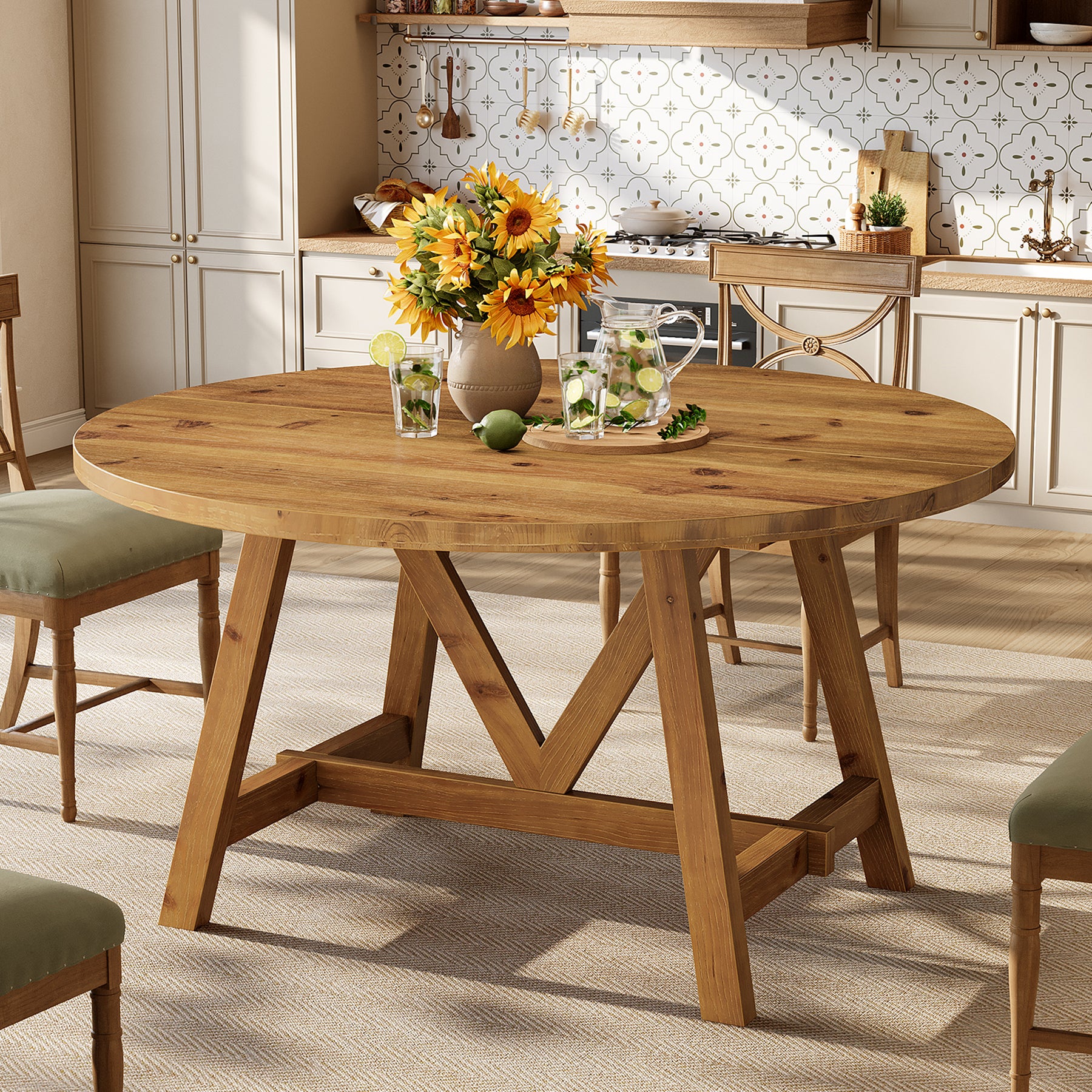 47" Solid Wood Dining Table, Farmhouse Round Kitchen Table for 4-6