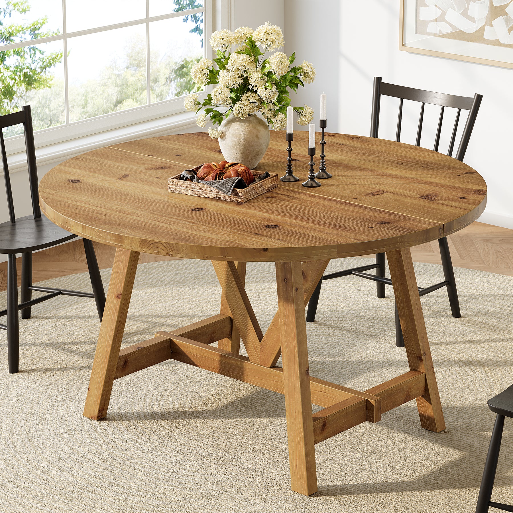 47" Solid Wood Dining Table, Farmhouse Round Kitchen Table for 4-6