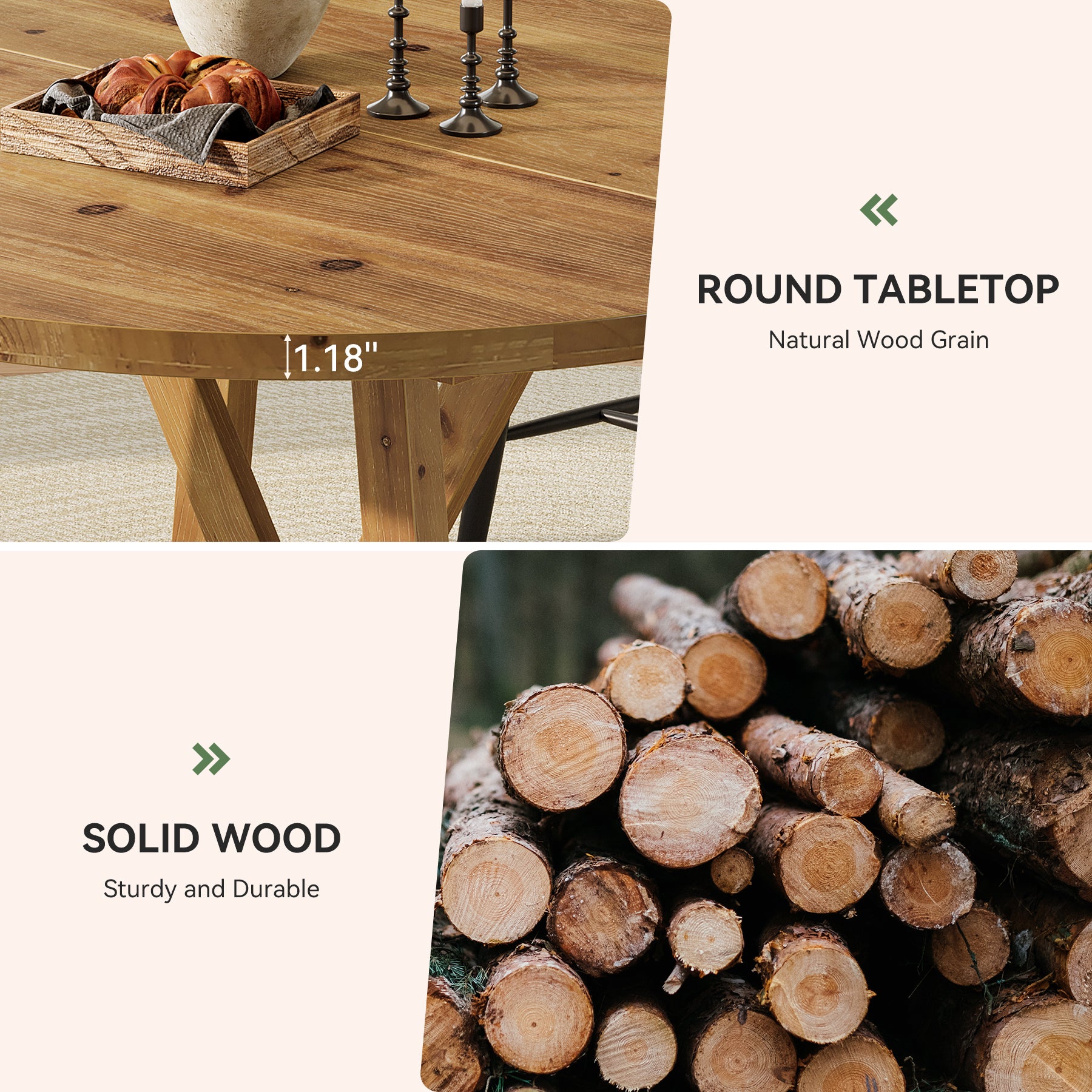 47" Solid Wood Dining Table, Farmhouse Round Kitchen Table for 4-6