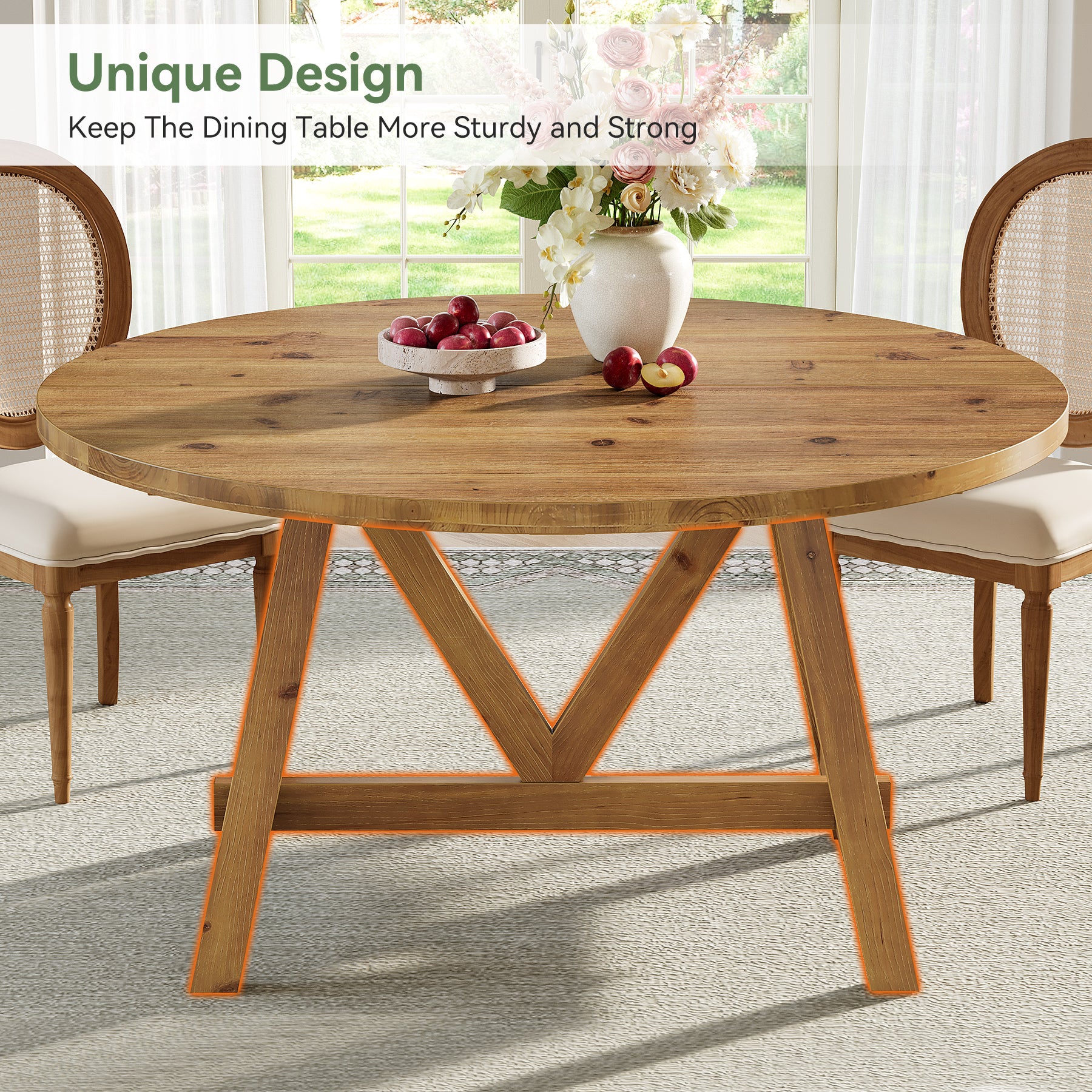 47" Solid Wood Dining Table, Farmhouse Round Kitchen Table for 4-6