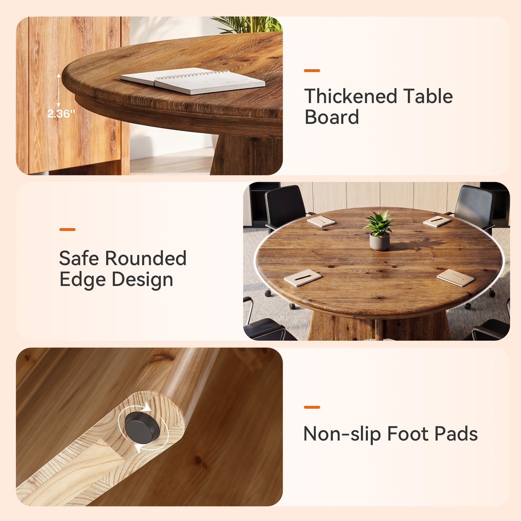 47" Solid Wood Round Conference Table, Farmhouse Meeting Table  for 4-6 People for Conference Room