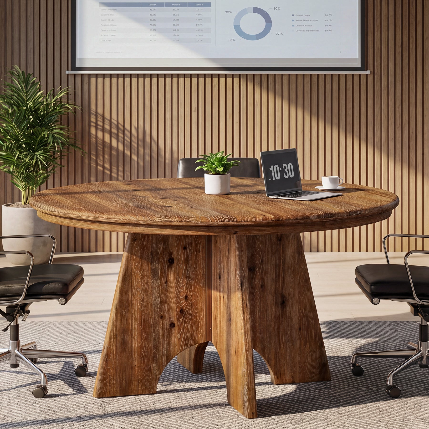 47" Solid Wood Round Conference Table, Farmhouse Meeting Table  for 4-6 People for Conference Room