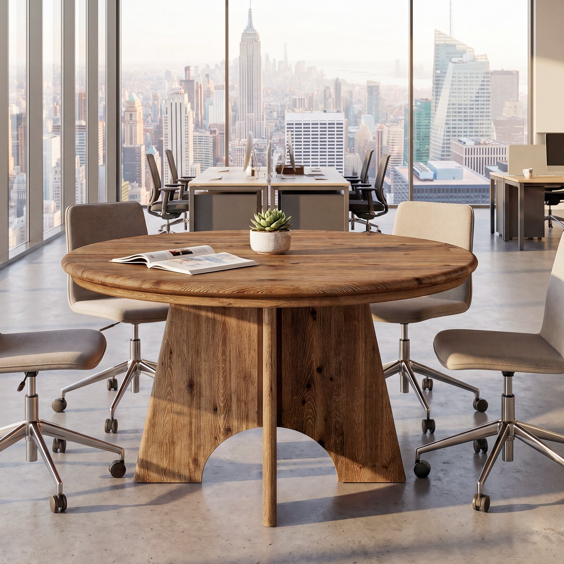 47" Solid Wood Round Conference Table, Farmhouse Meeting Table  for 4-6 People for Conference Room