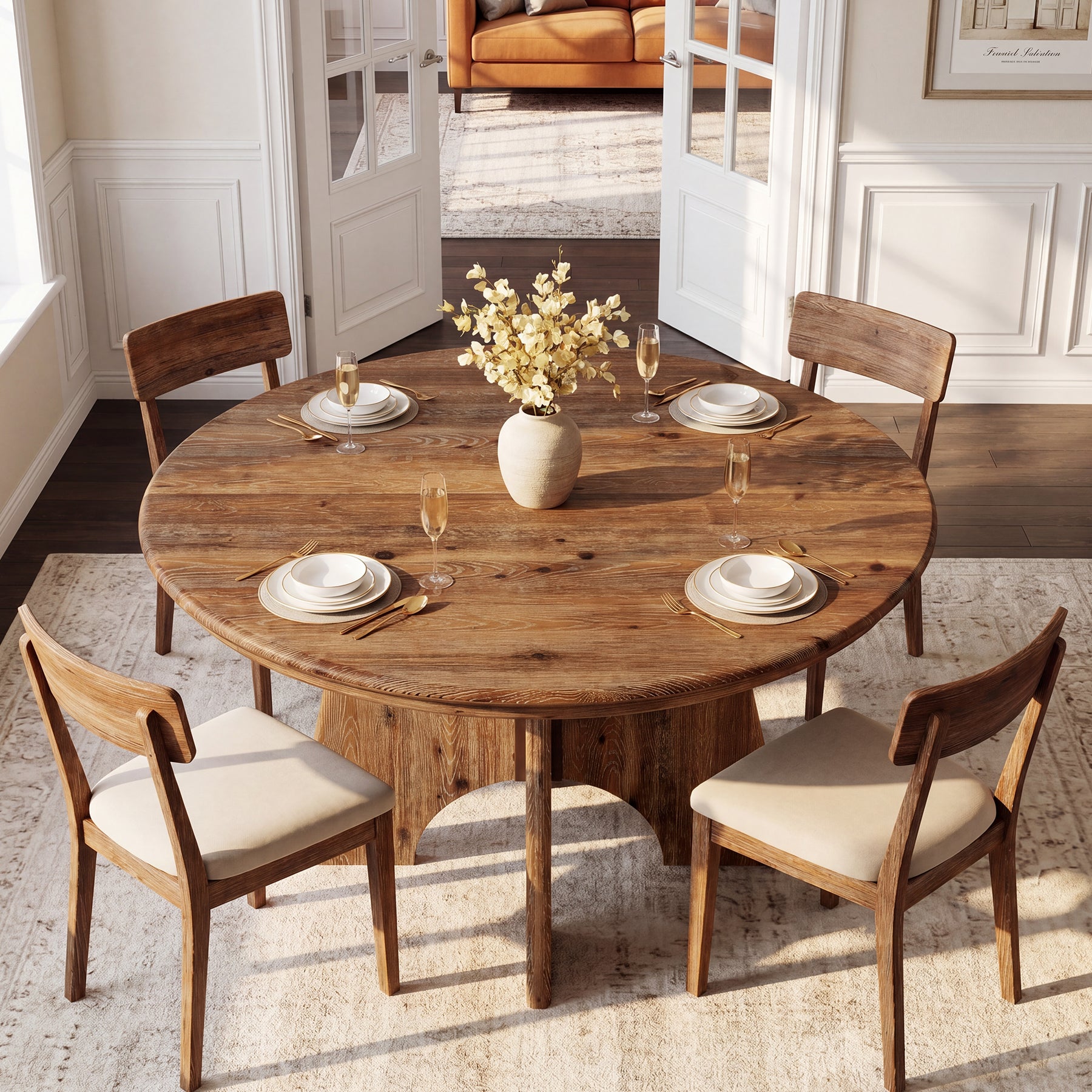 47" Solid Wood Round Dining Table, Farmhouse Kitchen Table  for 4-6 People for Dining Room