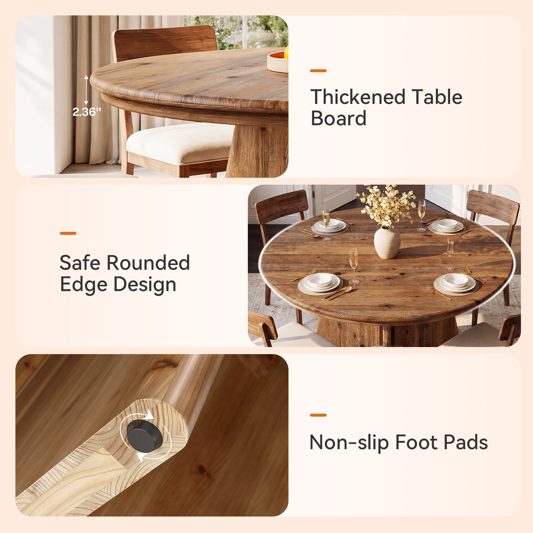 47" Solid Wood Round Dining Table, Farmhouse Kitchen Table  for 4-6 People for Dining Room