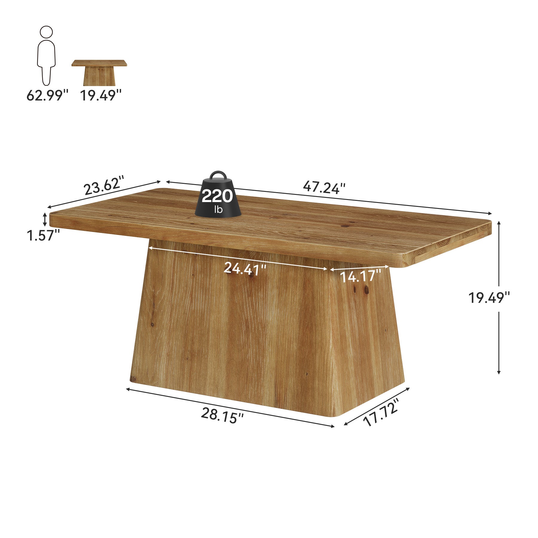 47" Wood Coffee Table, Farmhouse Center Table Tea Table with Sturdy Pedestal