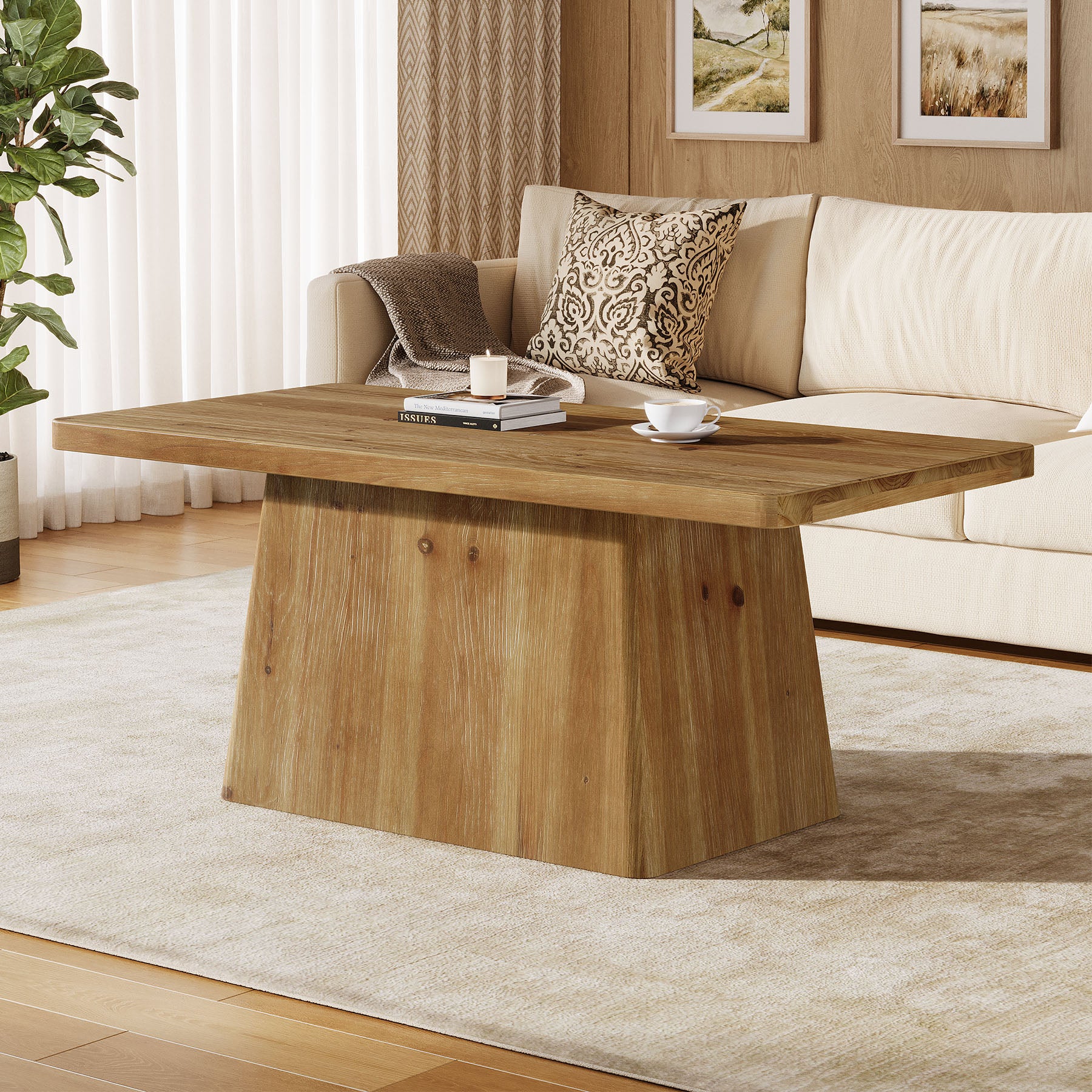 47" Wood Coffee Table, Farmhouse Center Table Tea Table with Sturdy Pedestal47" Wood Coffee Table, Farmhouse Center Table Tea Table with Sturdy Pedestal