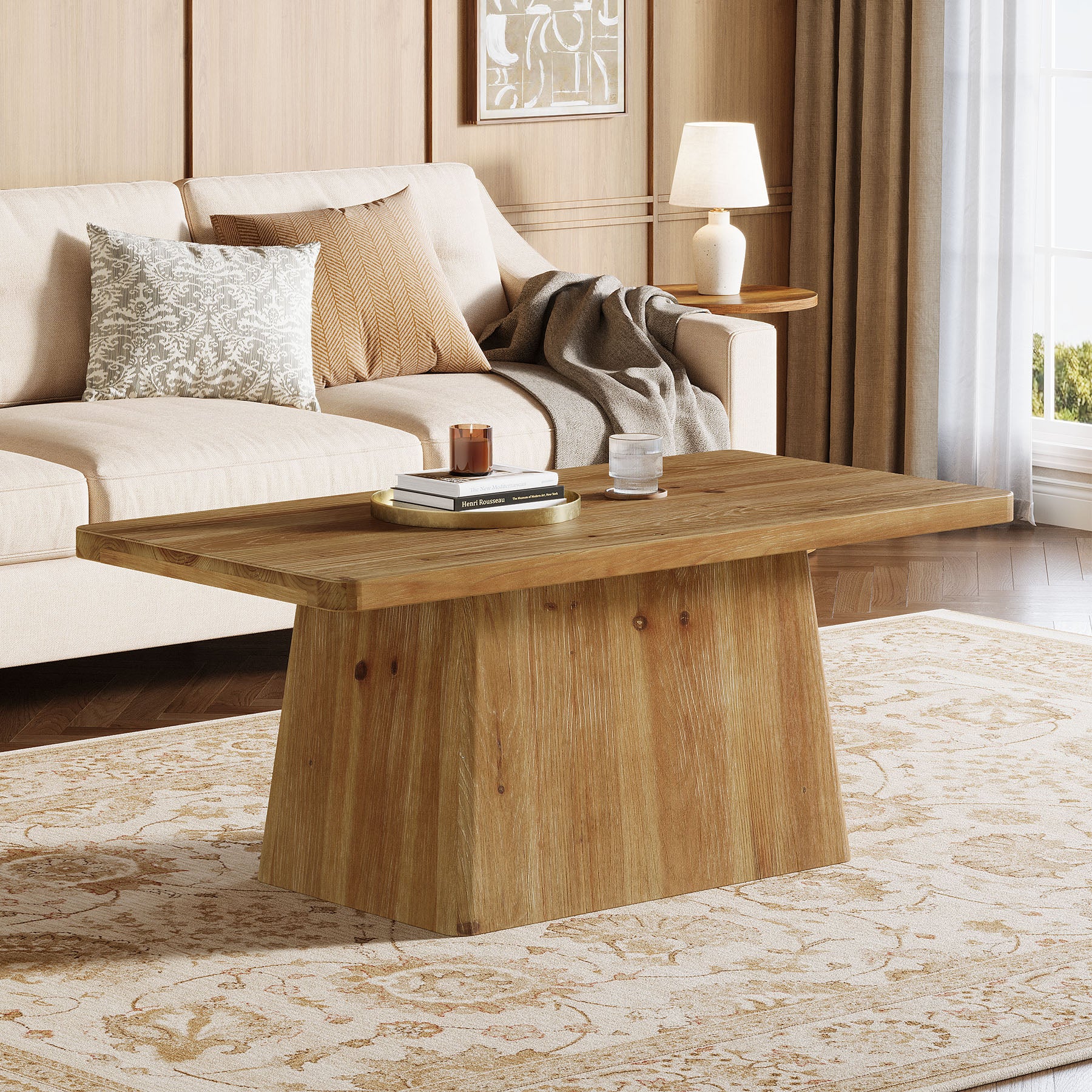 47" Wood Coffee Table, Farmhouse Center Table Tea Table with Sturdy Pedestal