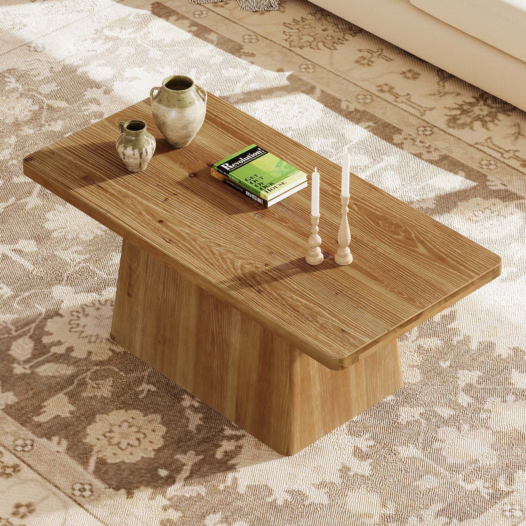 47" Wood Coffee Table, Farmhouse Center Table Tea Table with Sturdy Pedestal
