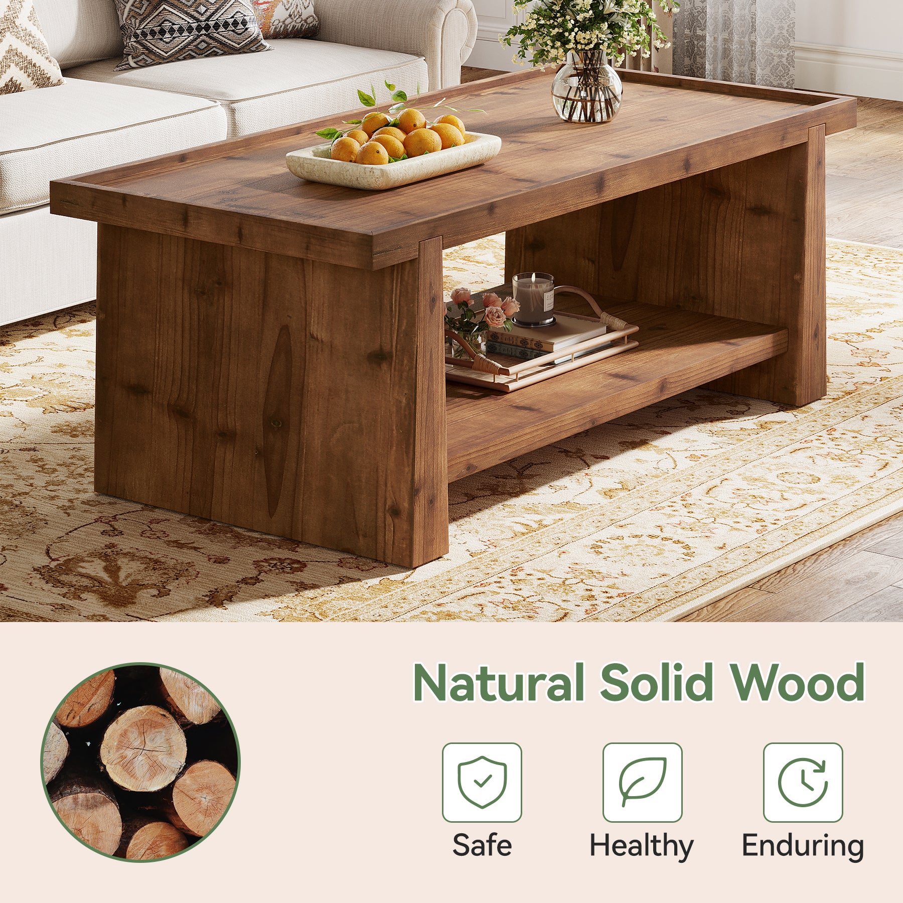 47" Wood Coffee Table, Farmhouse Center Table with 2-Tier Open Storage