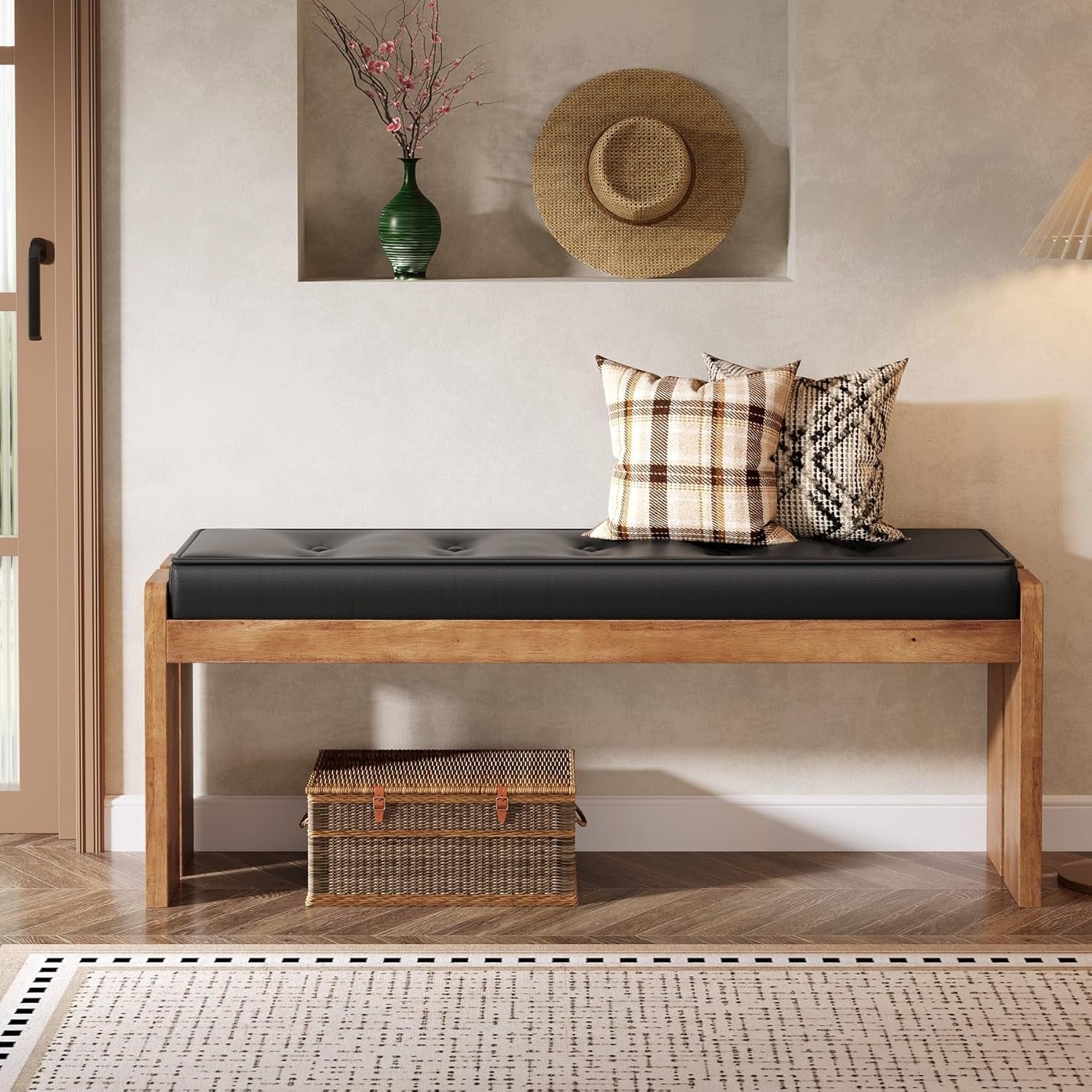 47" Wood Entryway Bench, Modern End of Bed Bench with Button-Tufted Leather Pad