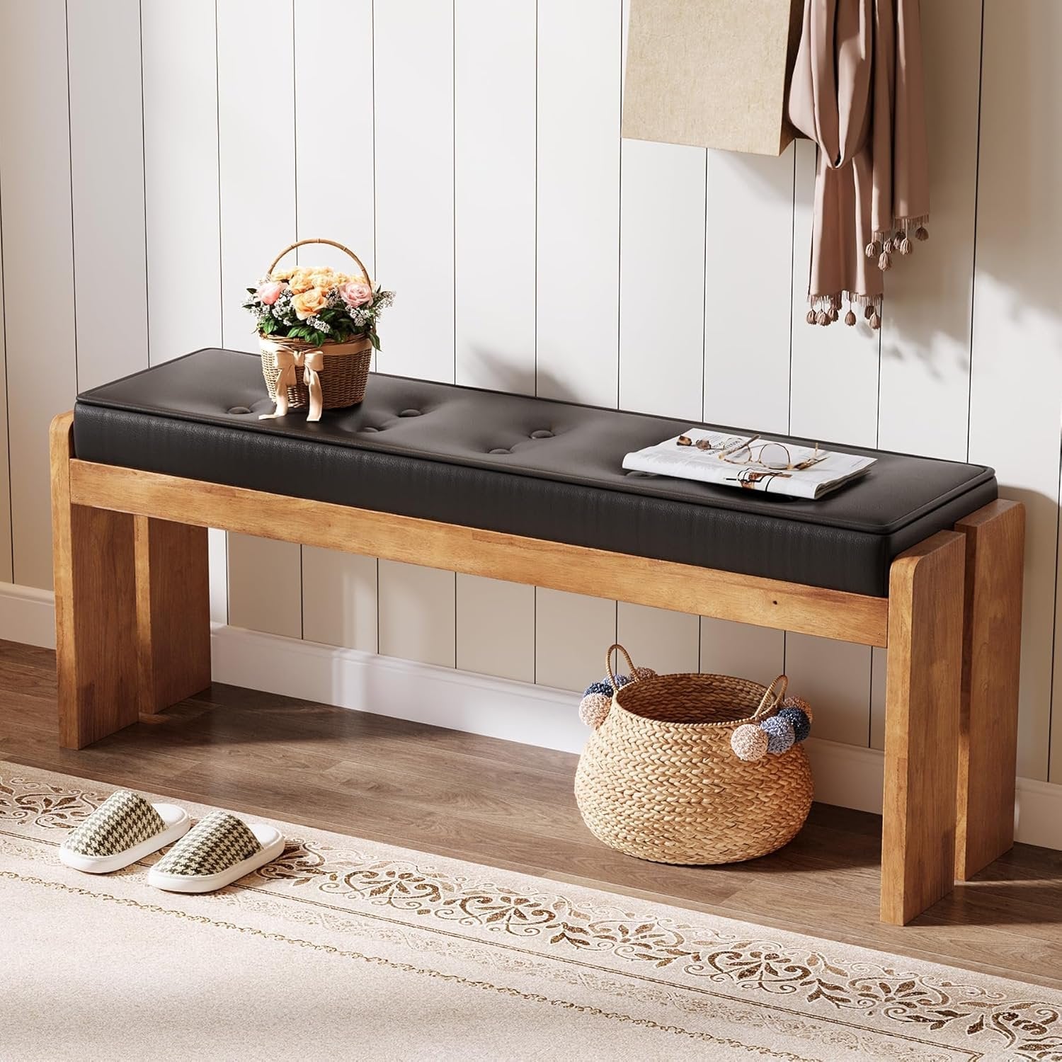 47" Wood Entryway Bench, Modern End of Bed Bench with Button-Tufted Leather Pad