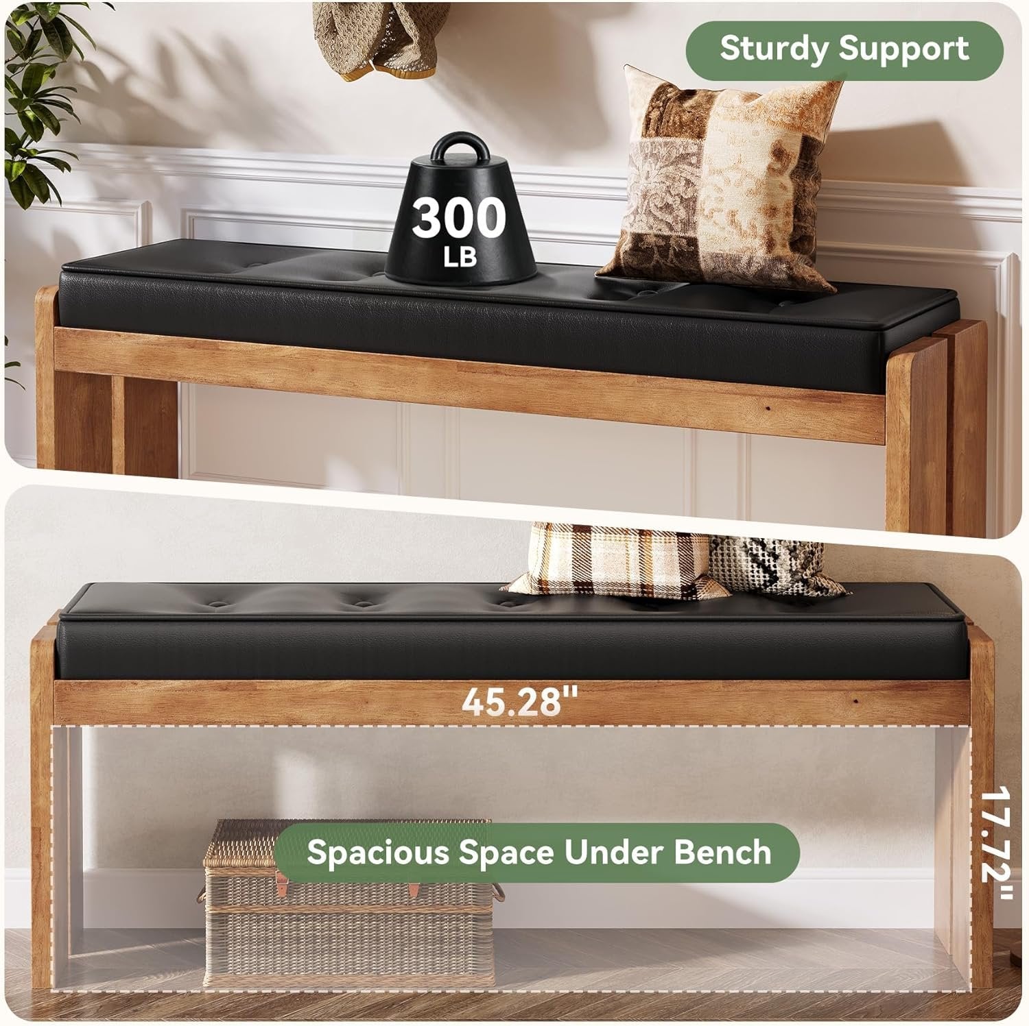 47" Wood Entryway Bench, Modern End of Bed Bench with Button-Tufted Leather Pad