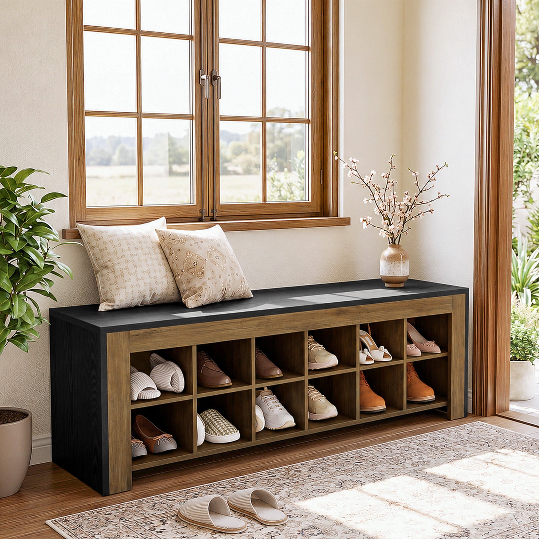 48" Farmhouse Entryway Bench, Shoe Storage Bench with 12 Cubbies for Hallway