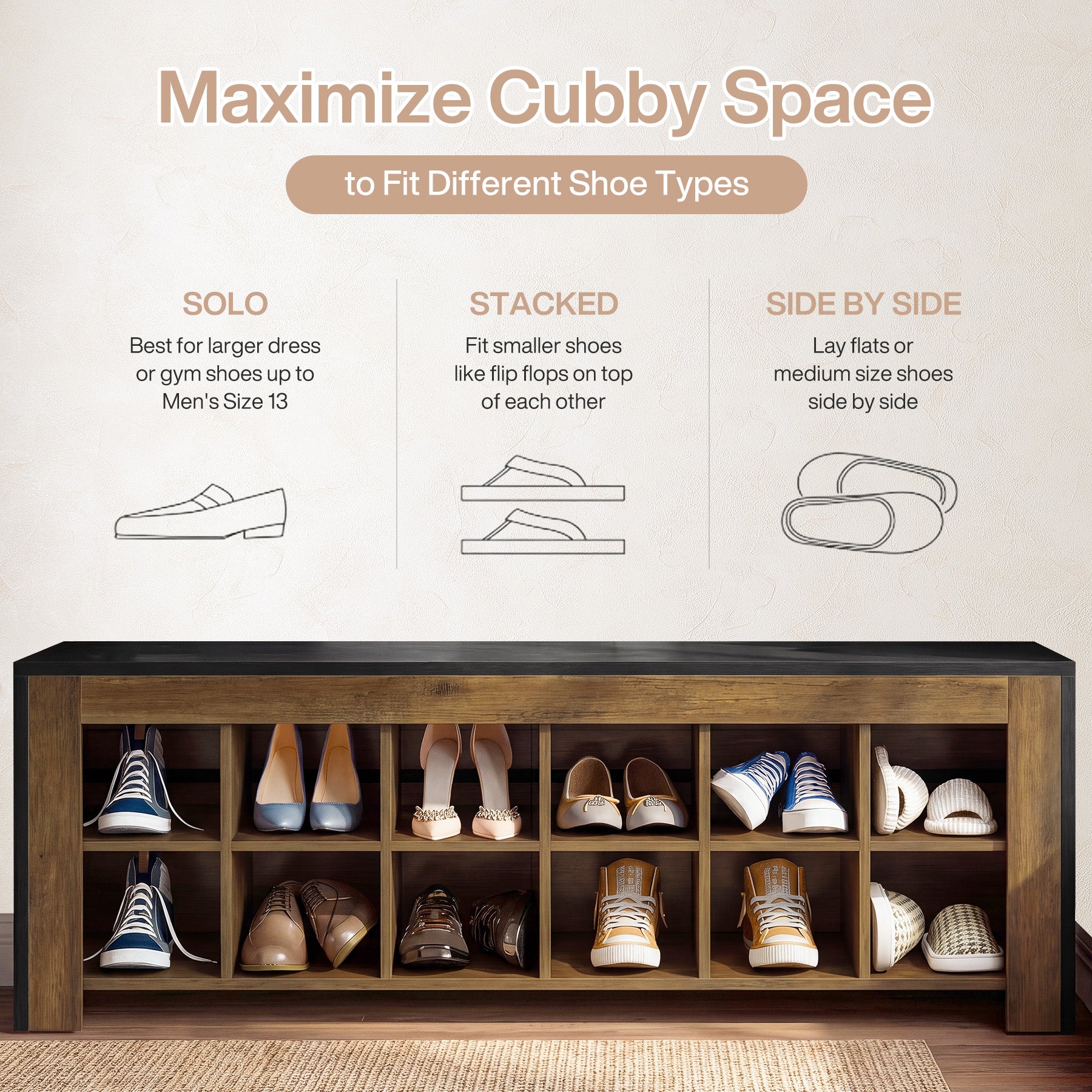 48" Farmhouse Entryway Bench, Shoe Storage Bench with 12 Cubbies for Hallway