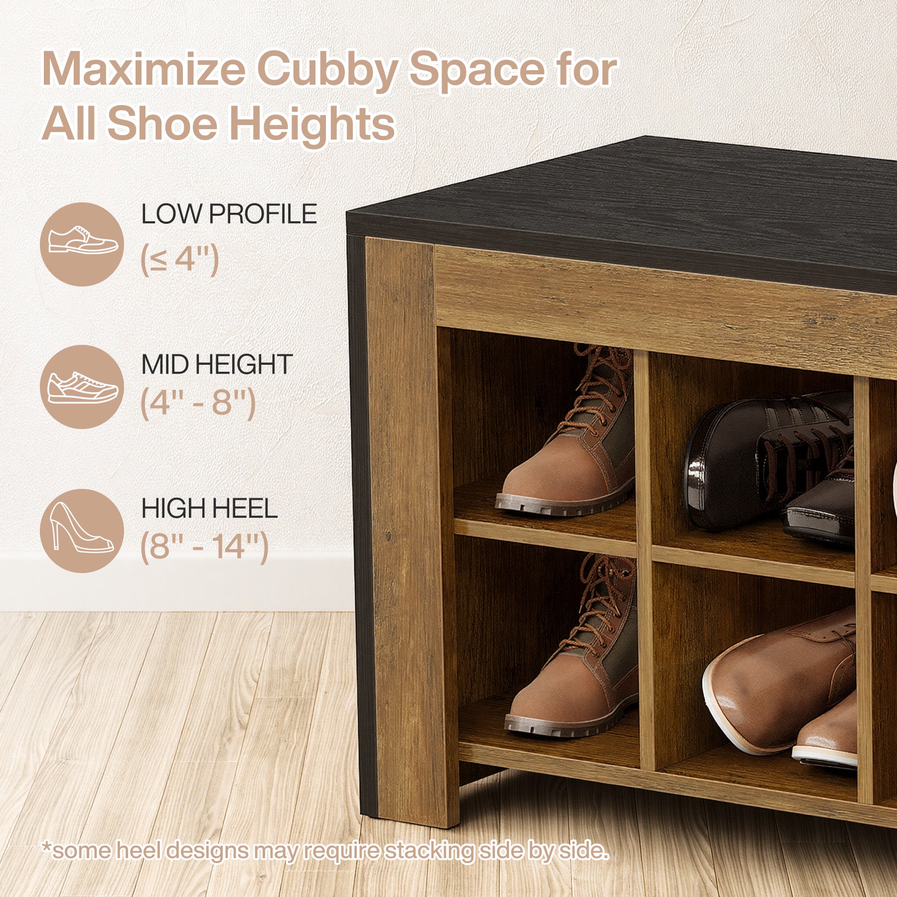 48" Farmhouse Entryway Bench, Shoe Storage Bench with 12 Cubbies for Hallway